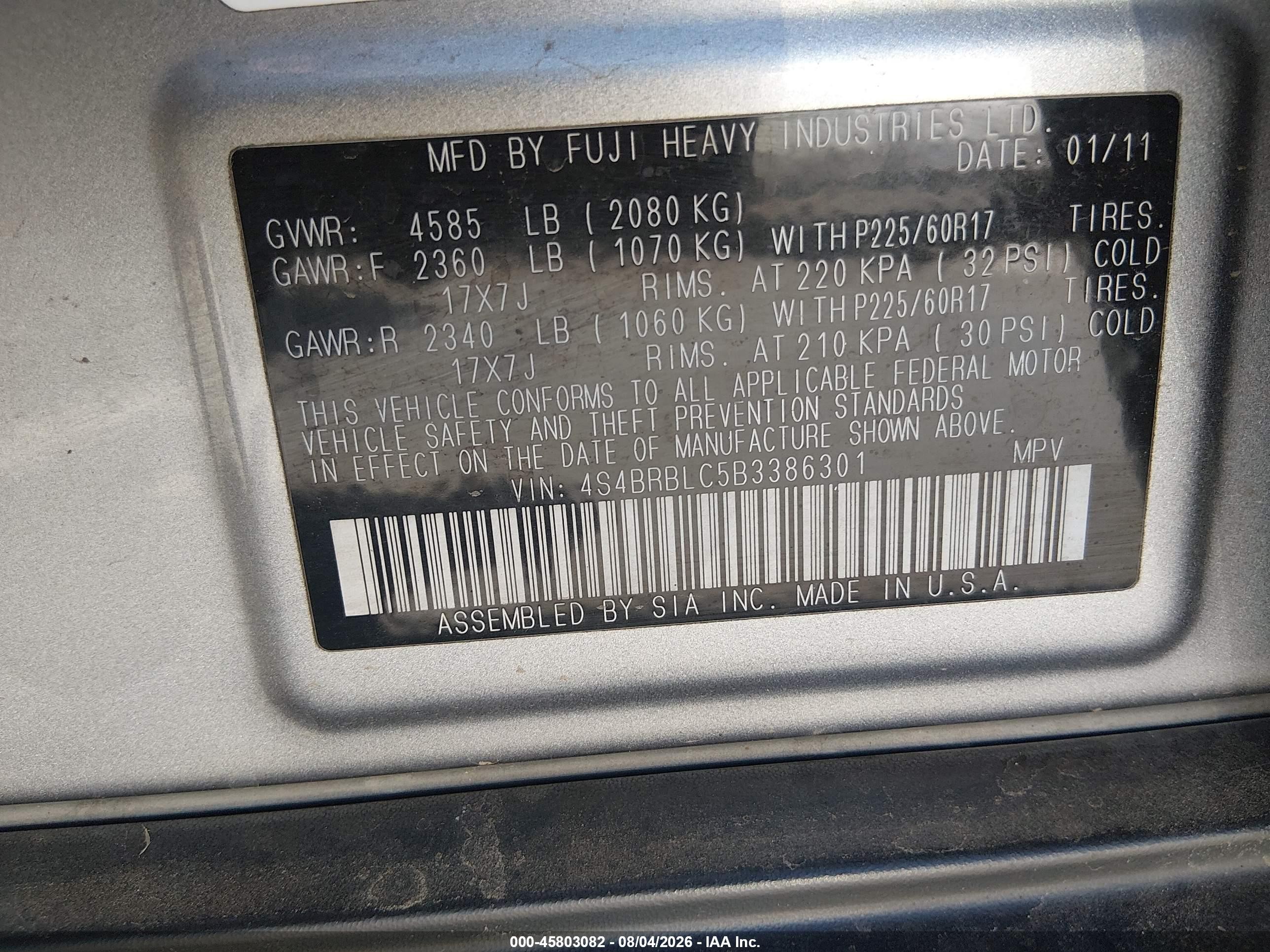 2011 Subaru Outback 2.5i Limited Gray vin: 4S4BRBLC5B3386301