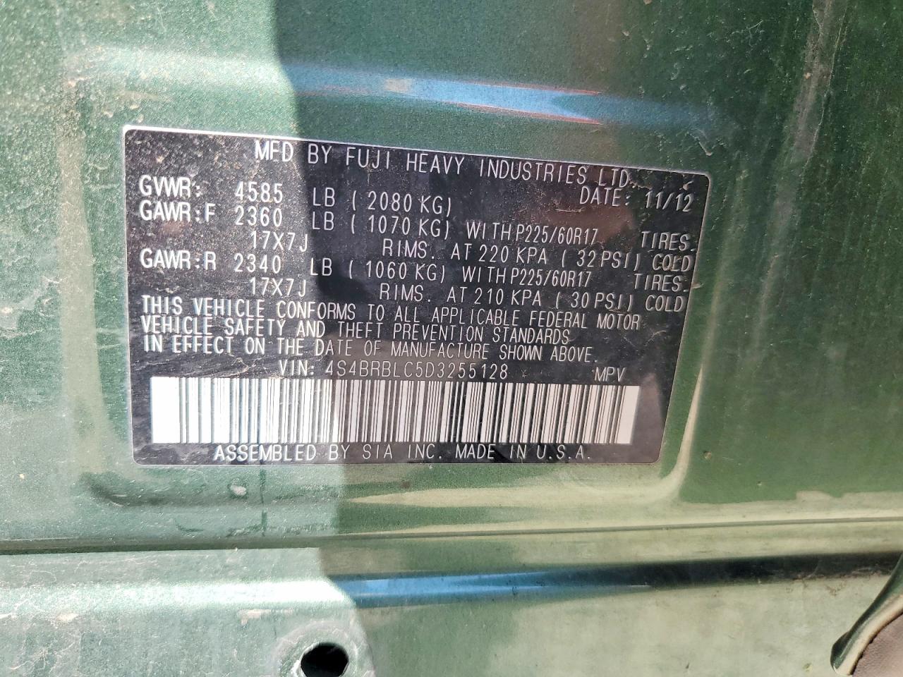 2013 Subaru Outback 2.5i Limited Green vin: 4S4BRBLC5D3255128