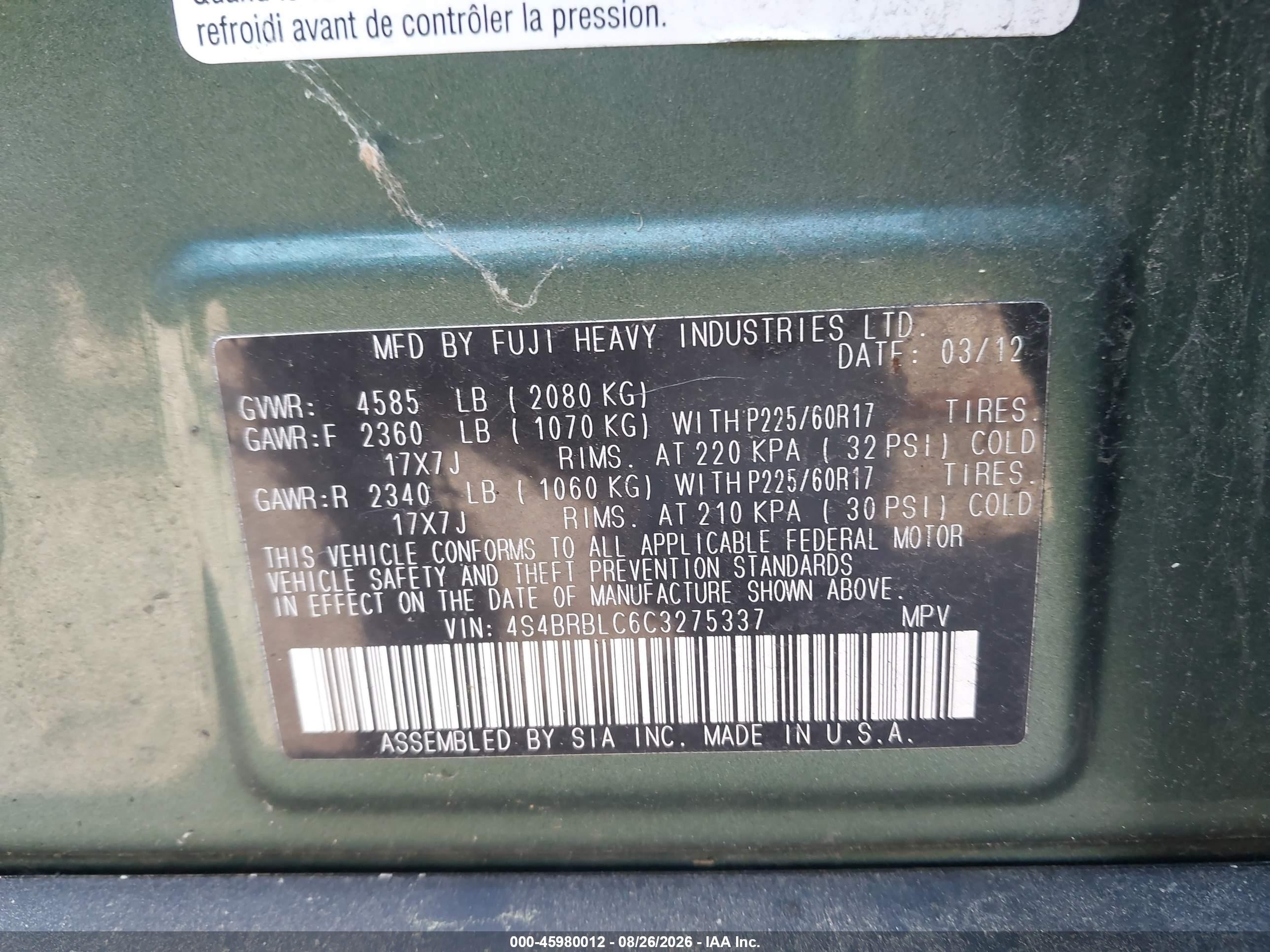 2012 Subaru Outback 2.5i Limited Green vin: 4S4BRBLC6C3275337