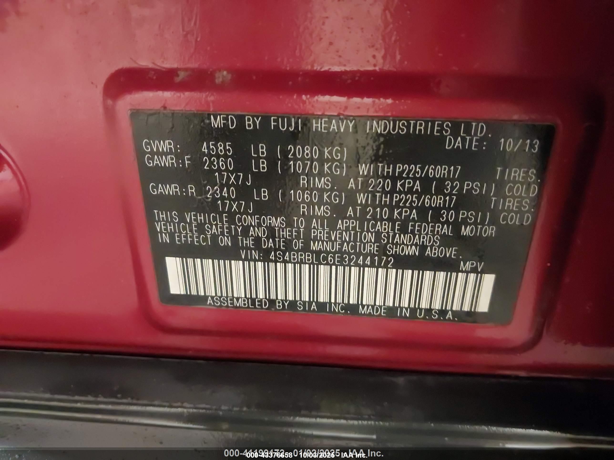 2014 Subaru Outback 2.5i Limited Red vin: 4S4BRBLC6E3244172