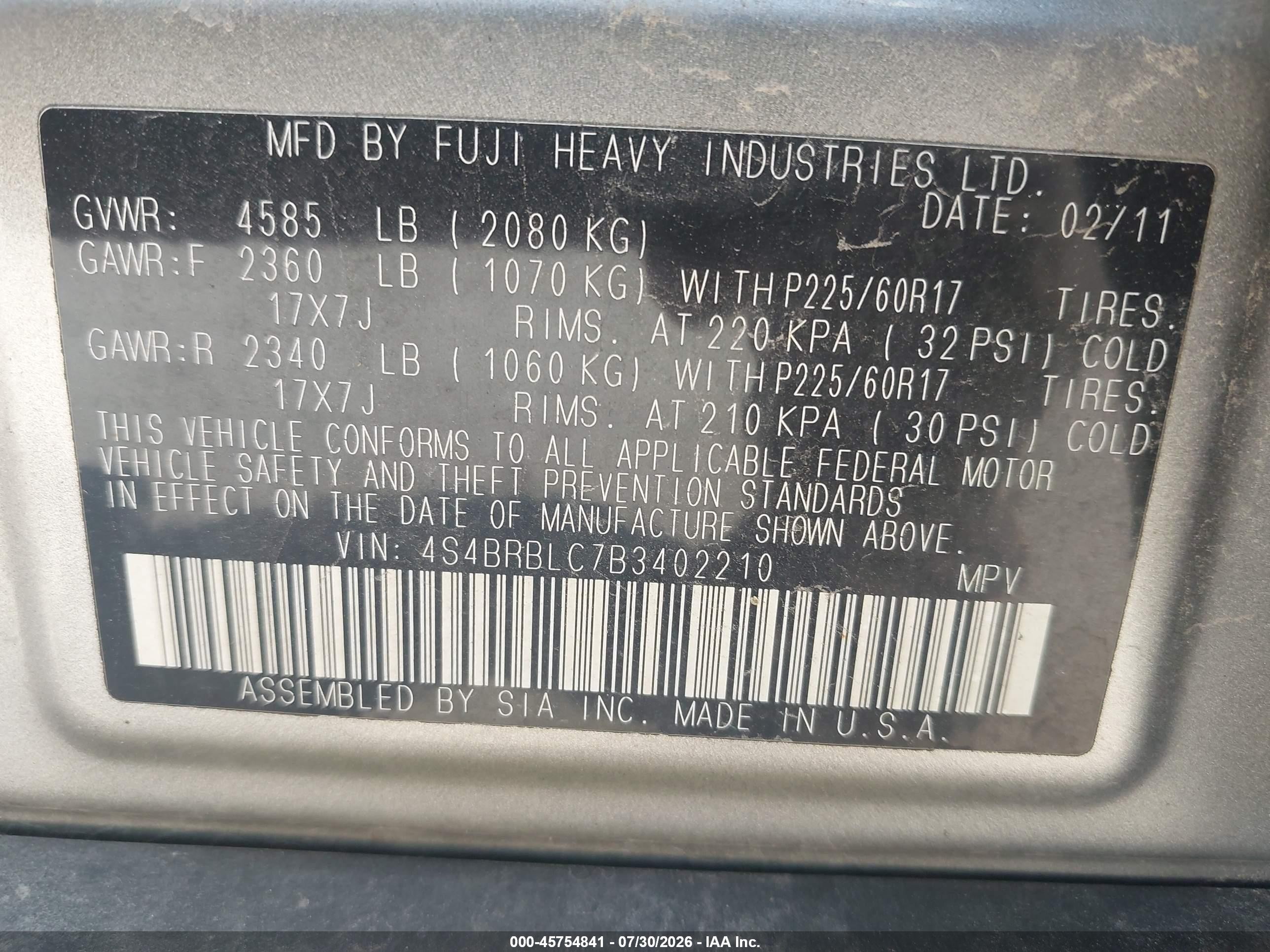 2011 Subaru Outback 2.5i Limited Silver vin: 4S4BRBLC7B3402210