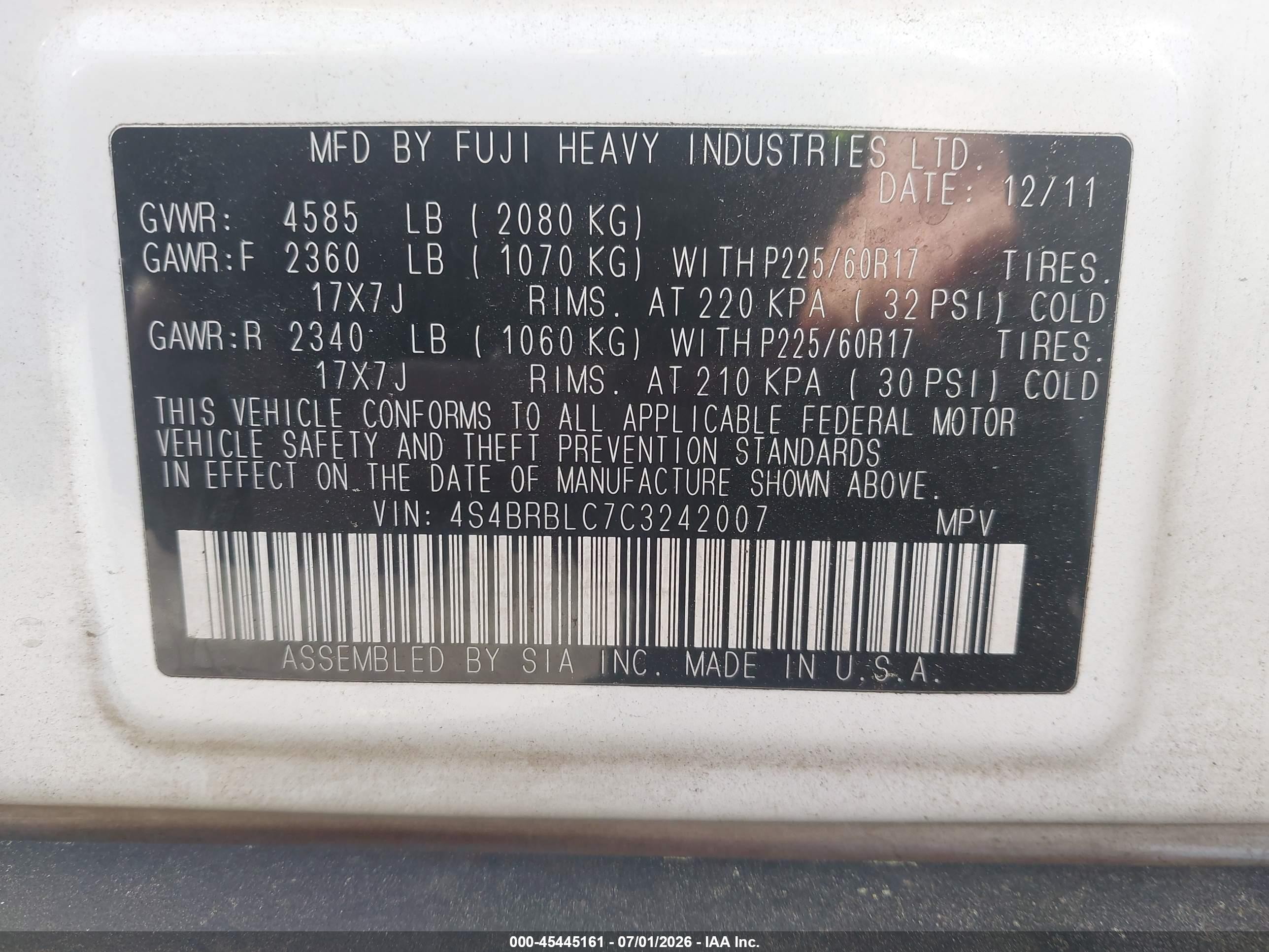 2012 Subaru Outback 2.5i Limited White vin: 4S4BRBLC7C3242007