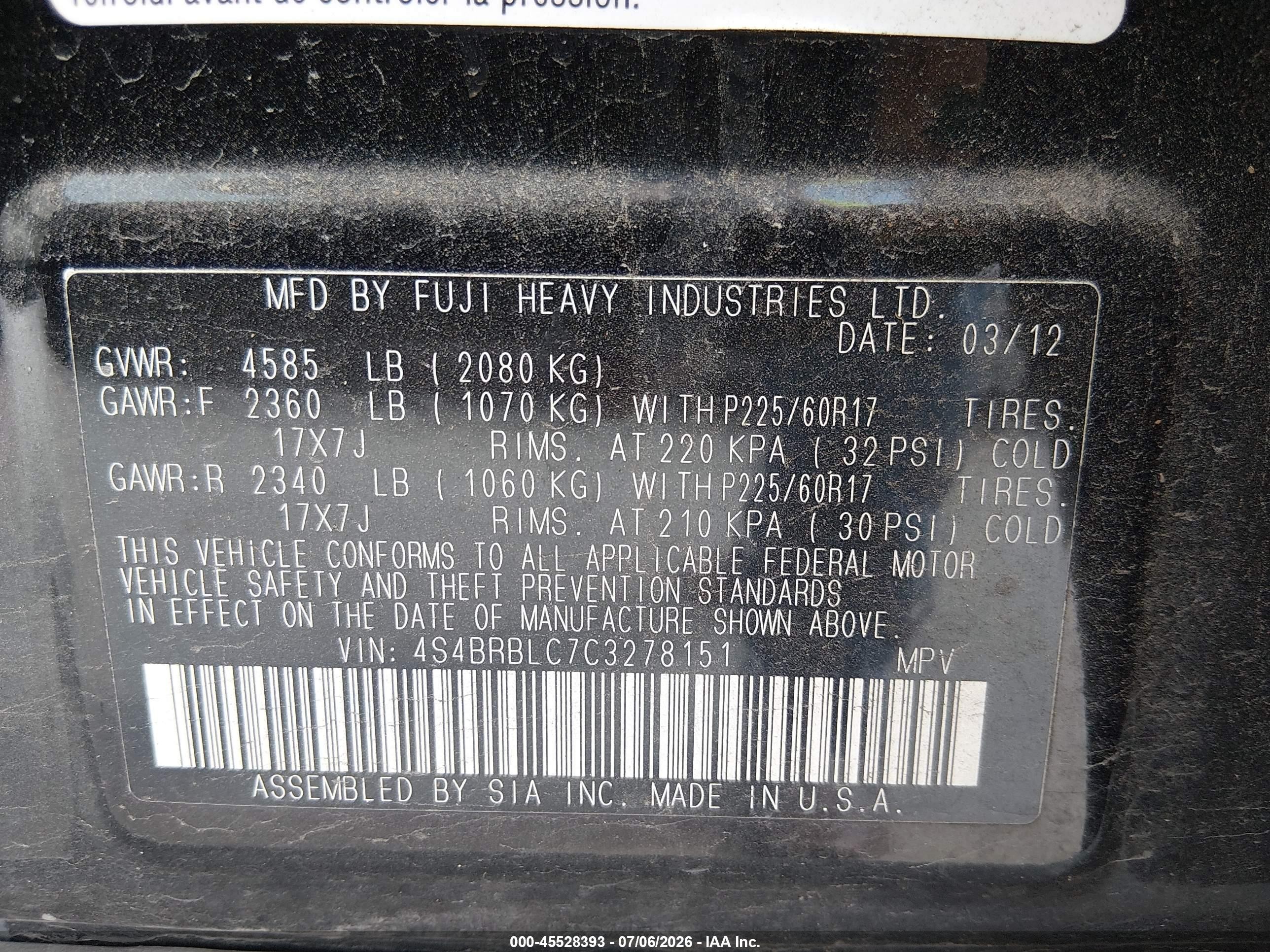 2012 Subaru Outback 2.5i Limited Black vin: 4S4BRBLC7C3278151