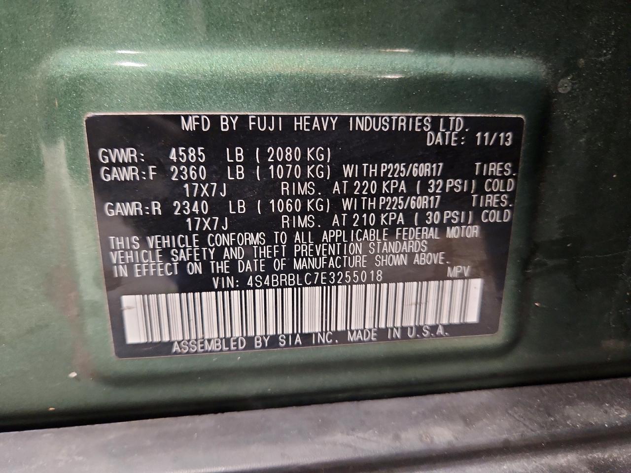 2014 Subaru Outback 2.5i Limited Green vin: 4S4BRBLC7E3255018