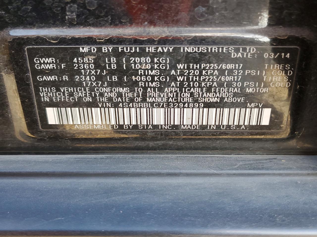 2014 Subaru Outback 2.5i Limited Black vin: 4S4BRBLC7E3294899