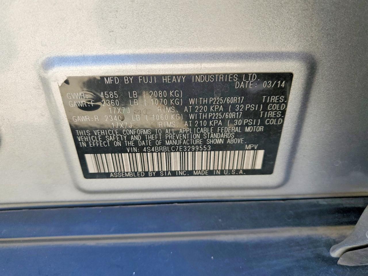 2014 Subaru Outback 2.5i Limited Silver vin: 4S4BRBLC7E3299553
