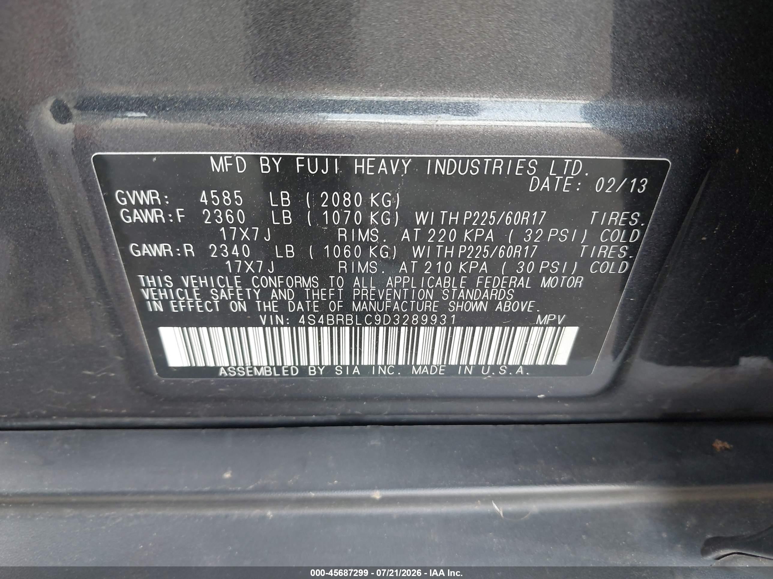 2013 Subaru Outback 2.5i Limited Gray vin: 4S4BRBLC9D3289931