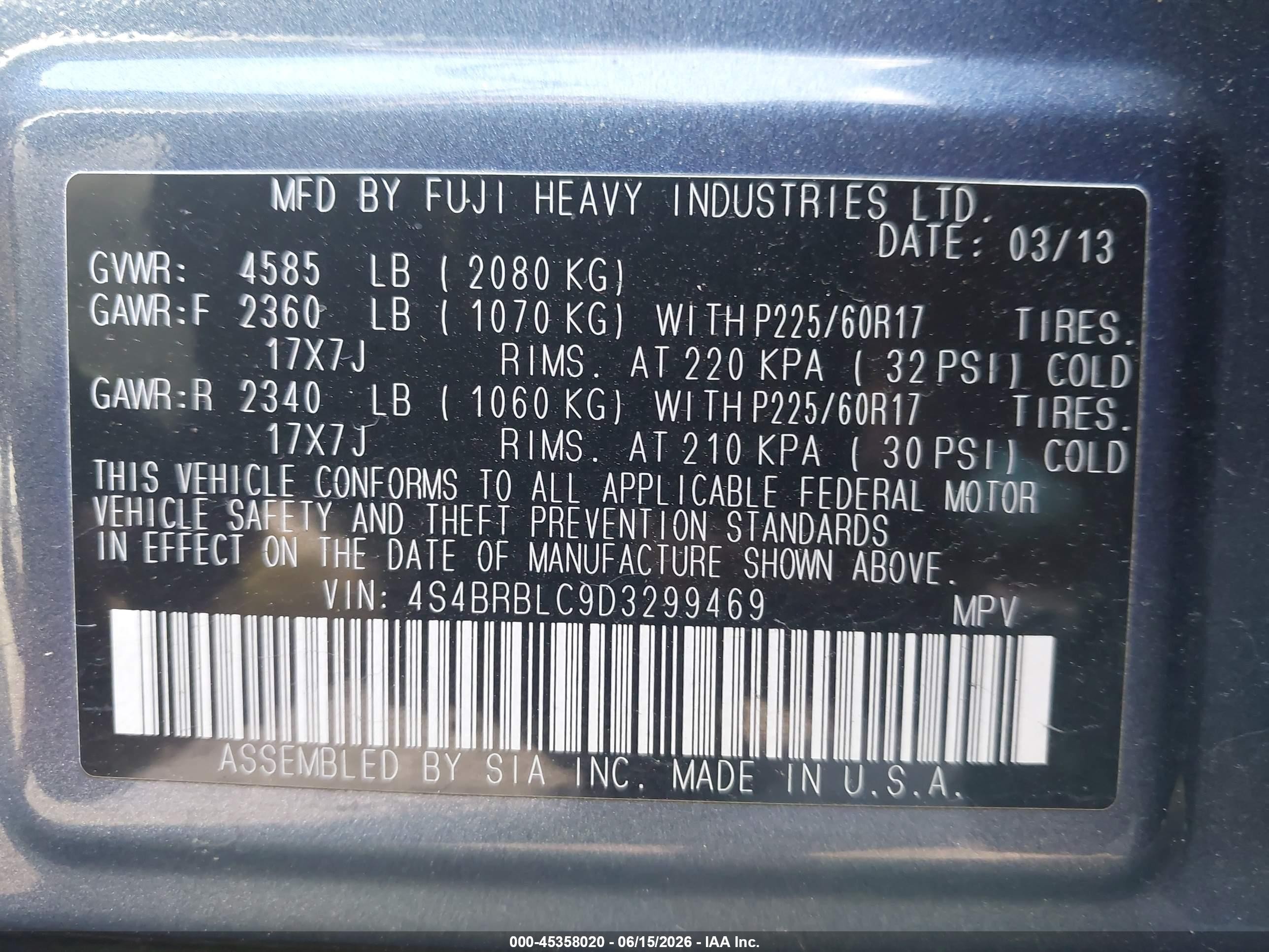 2013 Subaru Outback 2.5i Limited Blue vin: 4S4BRBLC9D3299469
