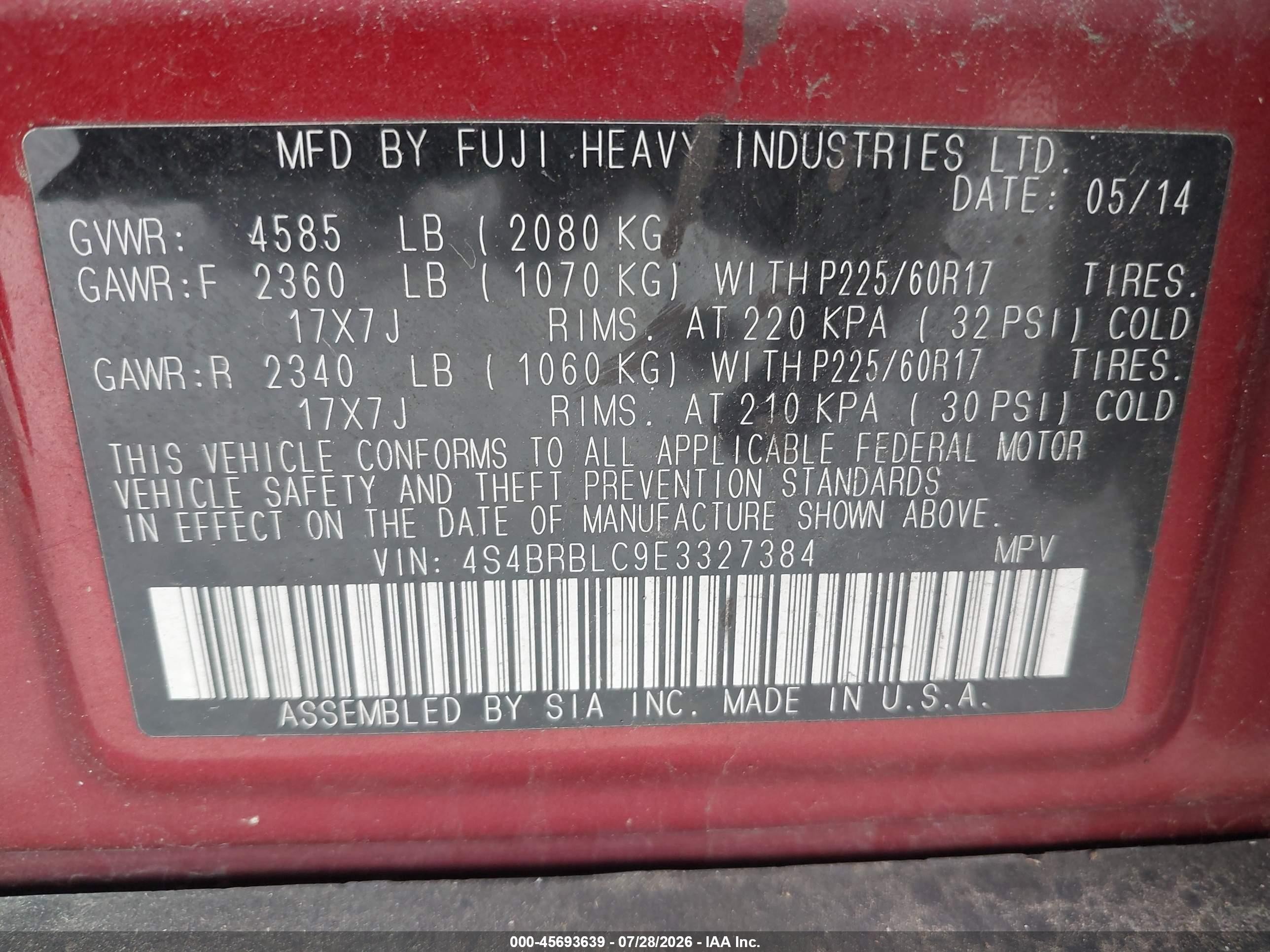 2014 Subaru Outback 2.5i Limited Red vin: 4S4BRBLC9E3327384