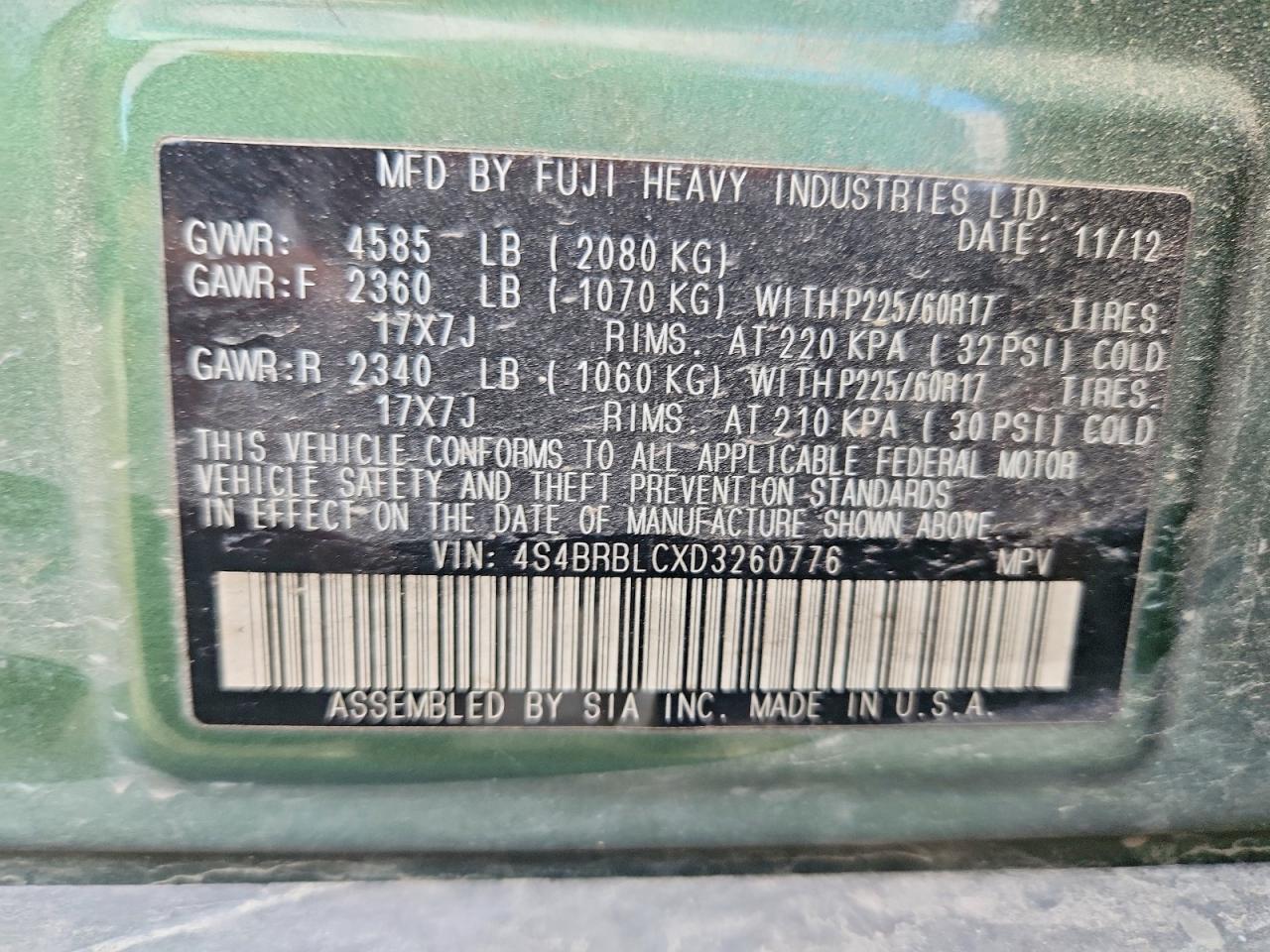 2013 Subaru Outback 2.5i Limited Green vin: 4S4BRBLCXD3260776