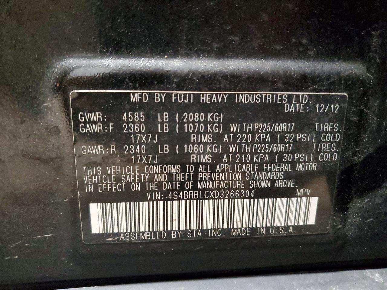 2013 Subaru Outback 2.5i Limited Черный vin: 4S4BRBLCXD3266304