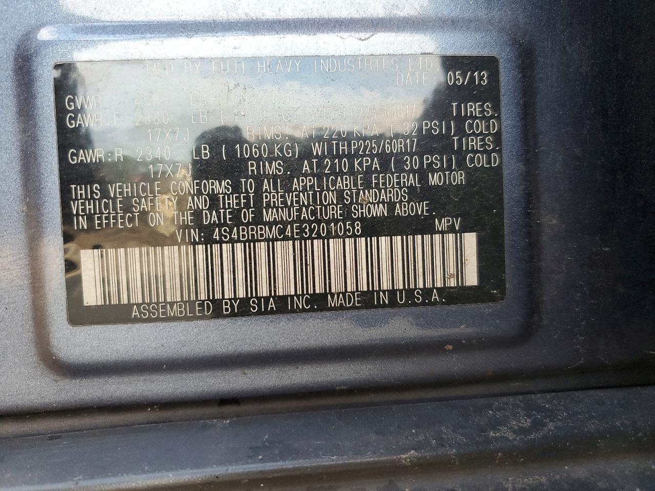 2014 Subaru Outback 2.5i Limited Blue vin: 4S4BRBMC4E3201058