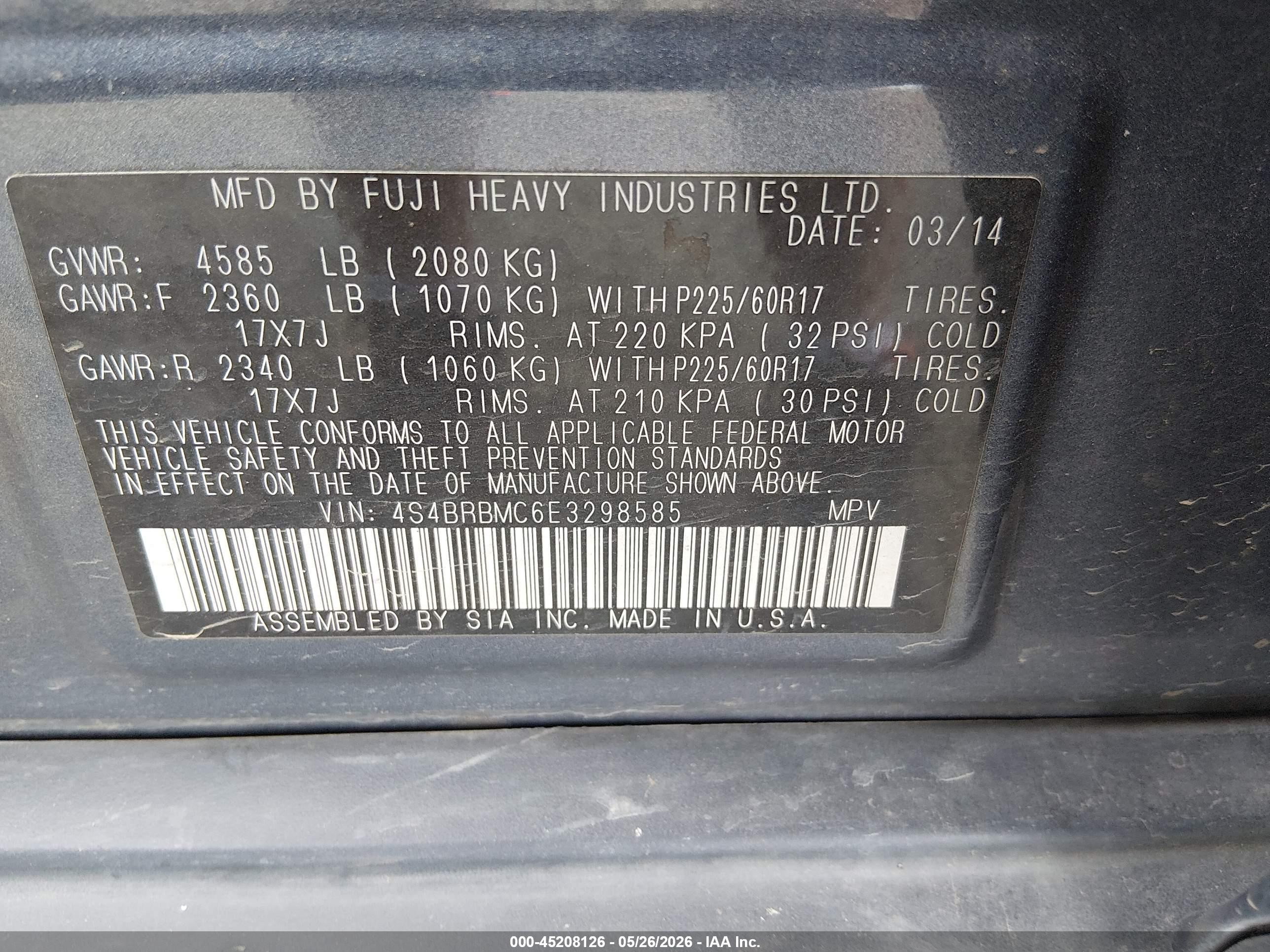 2014 Subaru Outback 2.5i Limited Blue vin: 4S4BRBMC6E3298585