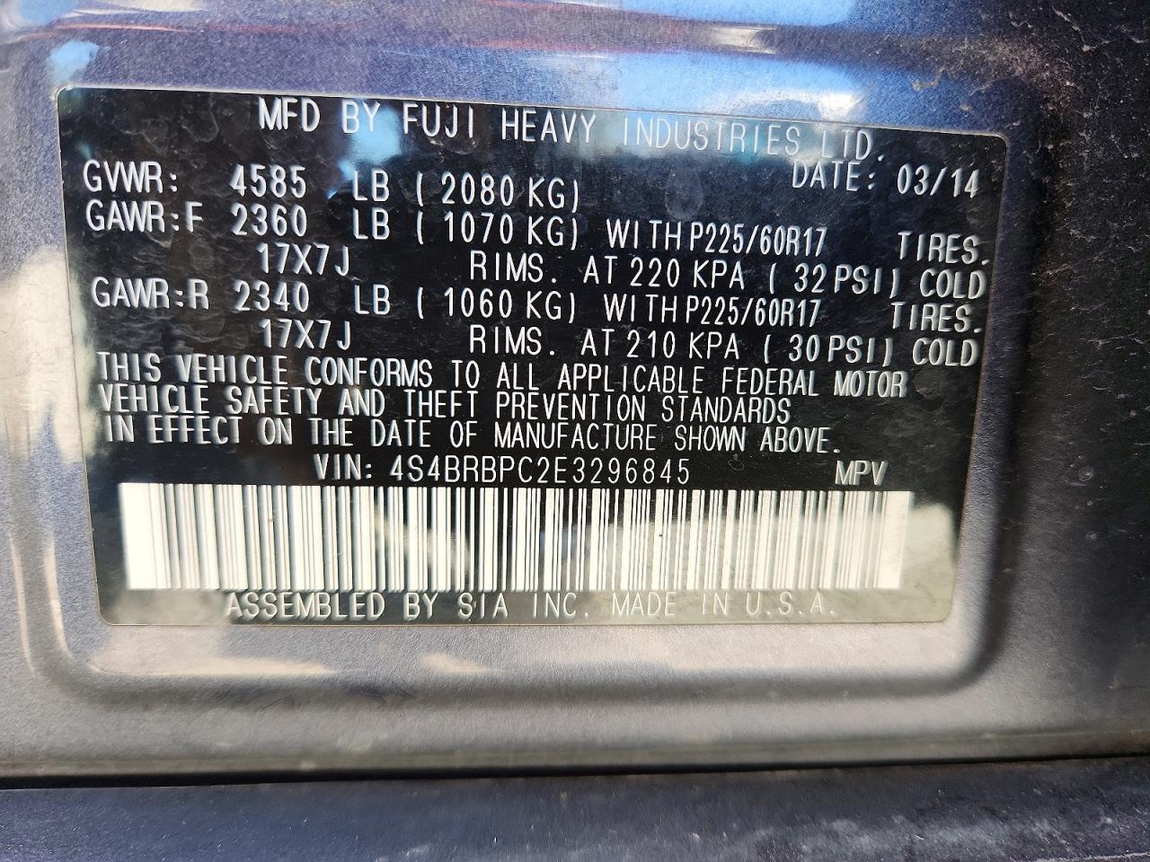 2014 Subaru Outback 2.5i Limited Синий vin: 4S4BRBPC2E3296845