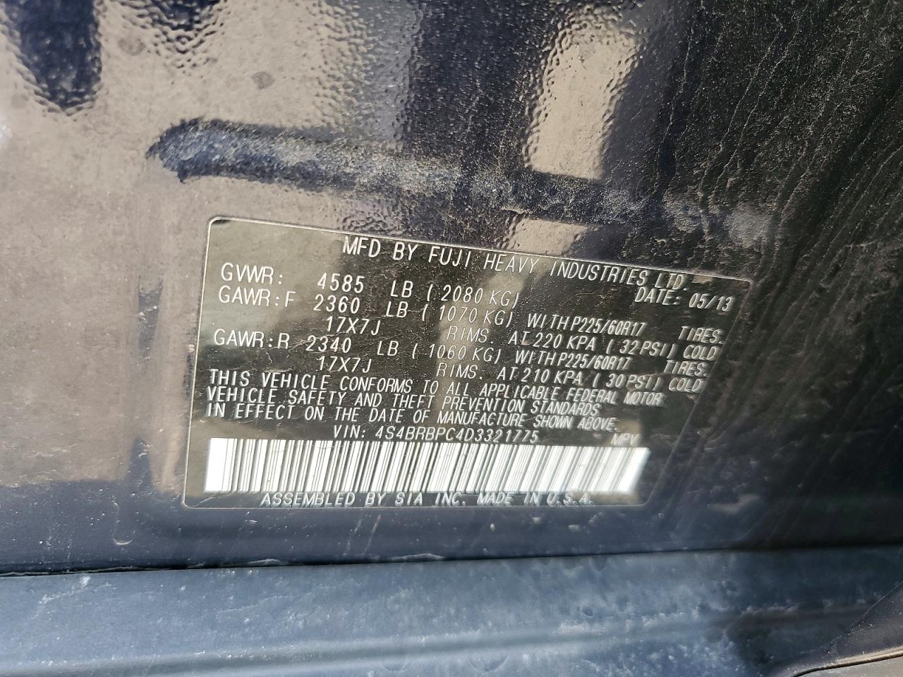 2013 Subaru Outback 2.5i Limited Синий vin: 4S4BRBPC4D3321775