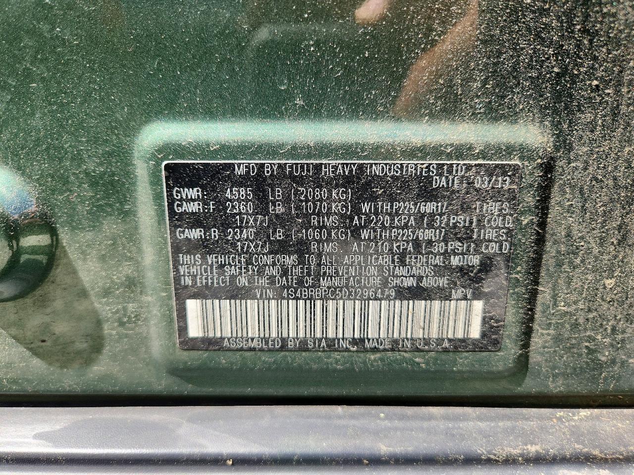 2013 Subaru Outback 2.5i Limited Green vin: 4S4BRBPC5D3296479