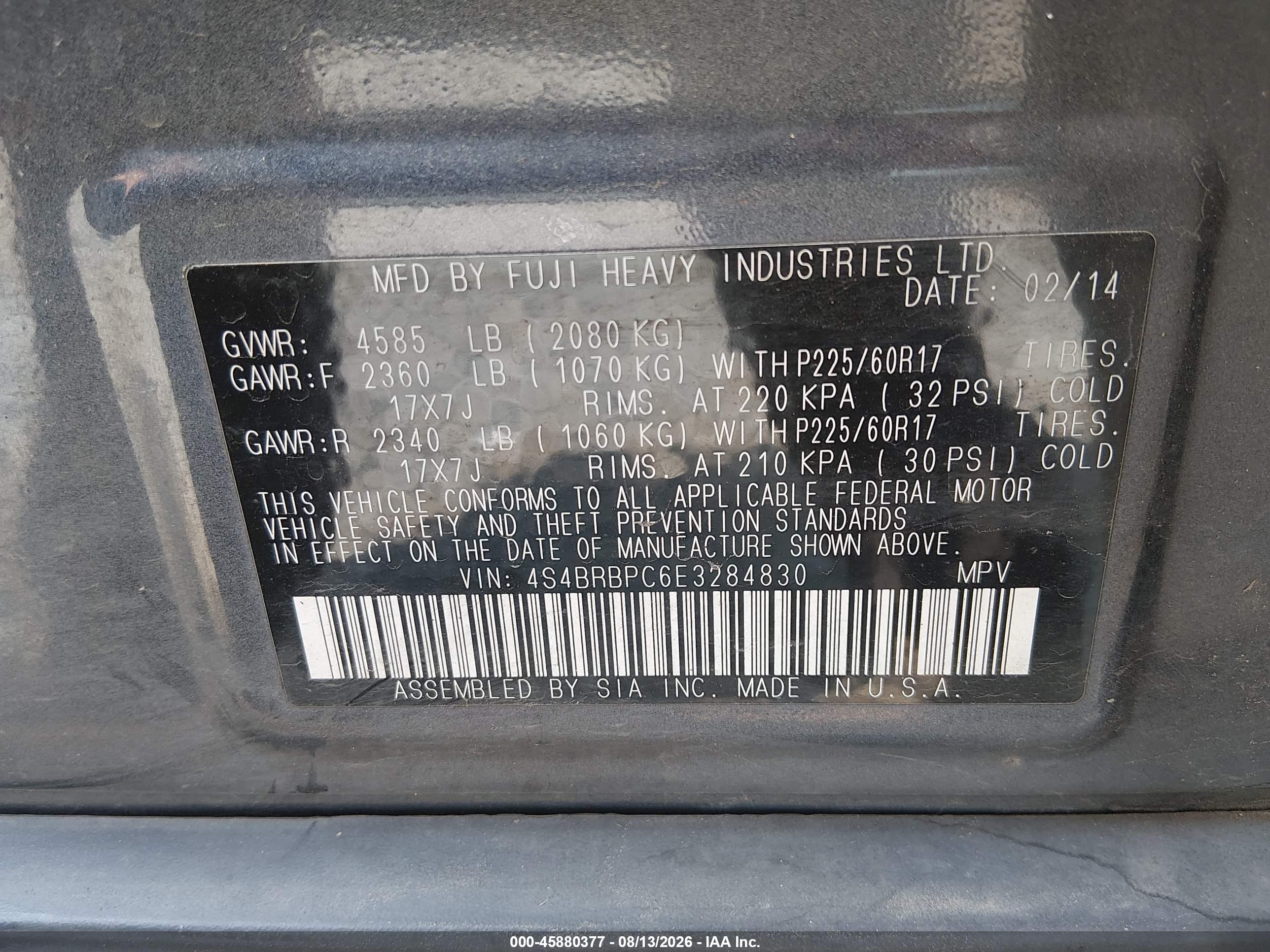 2014 Subaru Outback 2.5i Limited Gray vin: 4S4BRBPC6E3284830