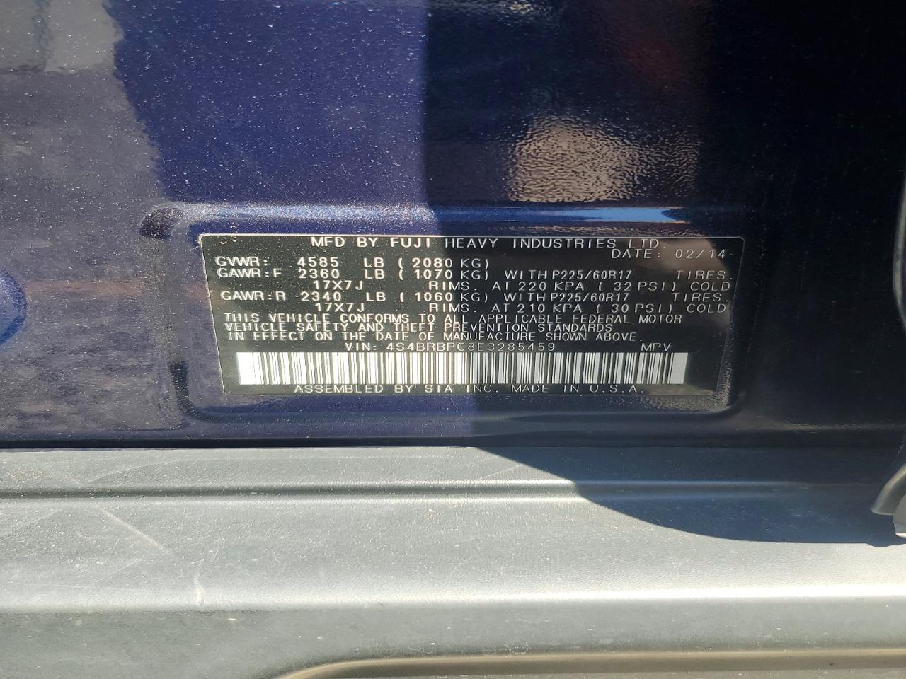 2014 Subaru Outback 2.5i Limited Blue vin: 4S4BRBPC8E3285459