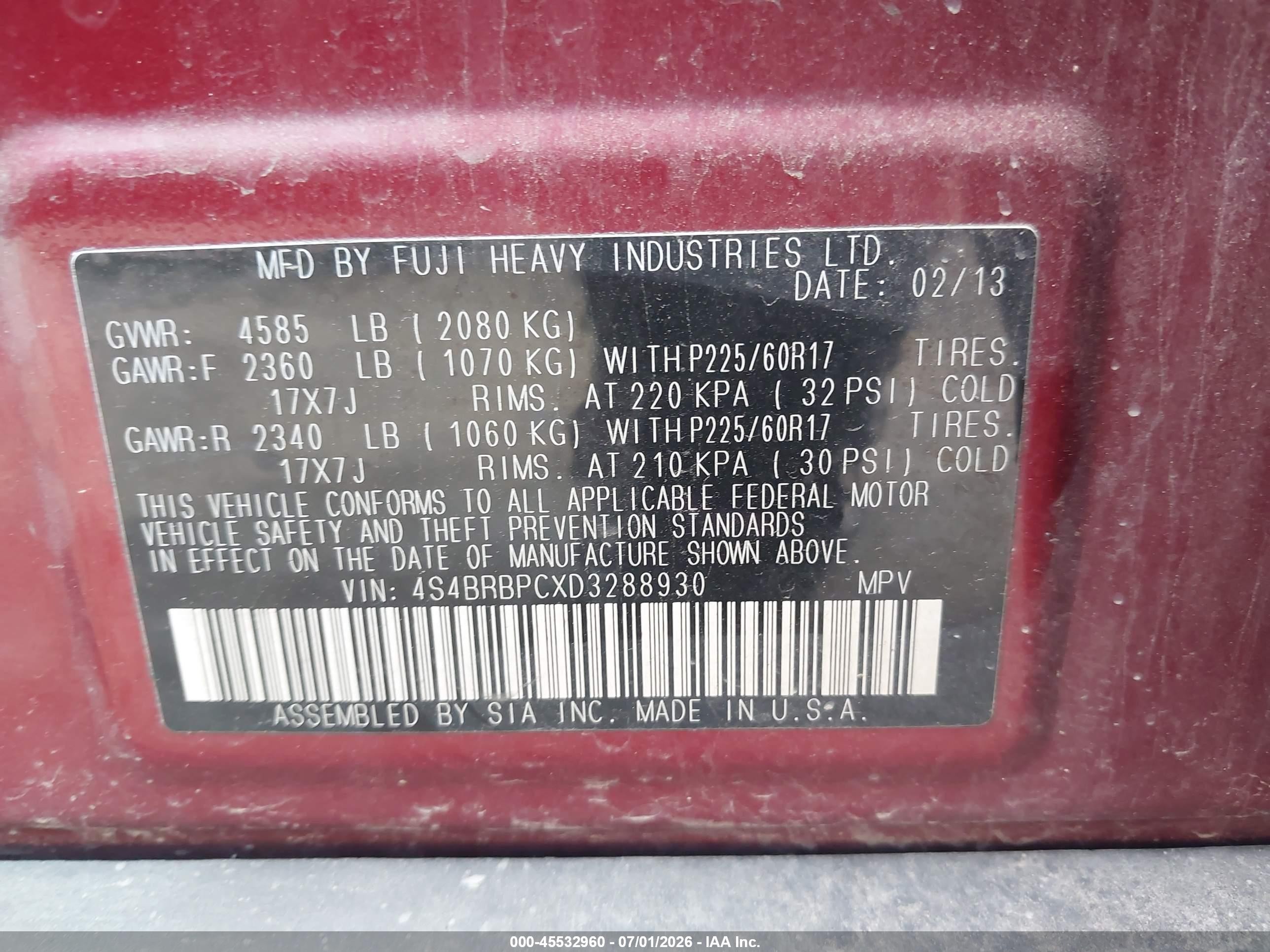 2013 Subaru Outback 2.5i Limited Maroon vin: 4S4BRBPCXD3288930