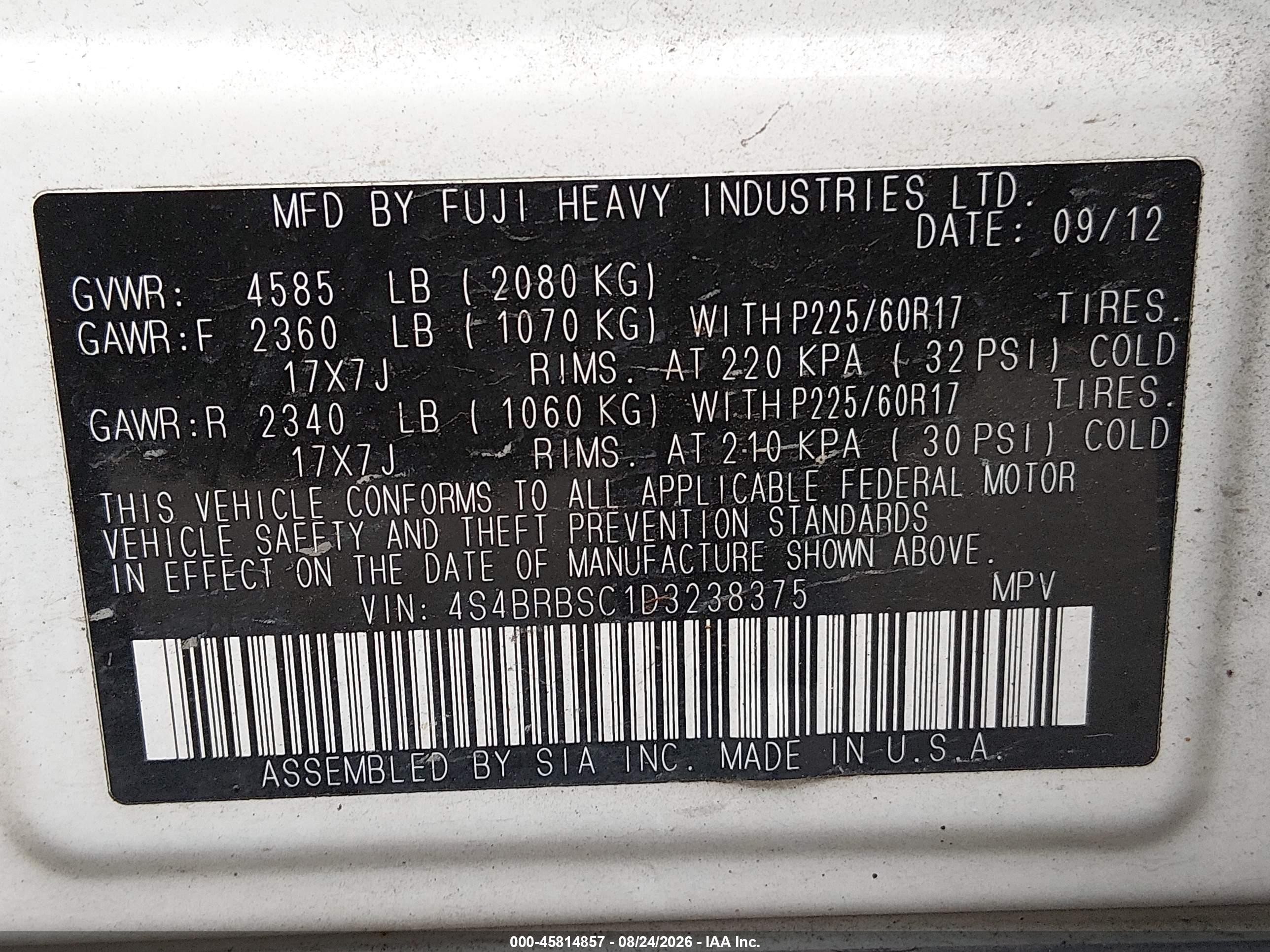 2013 Subaru Outback 2.5i Limited Белый vin: 4S4BRBSC1D3238375