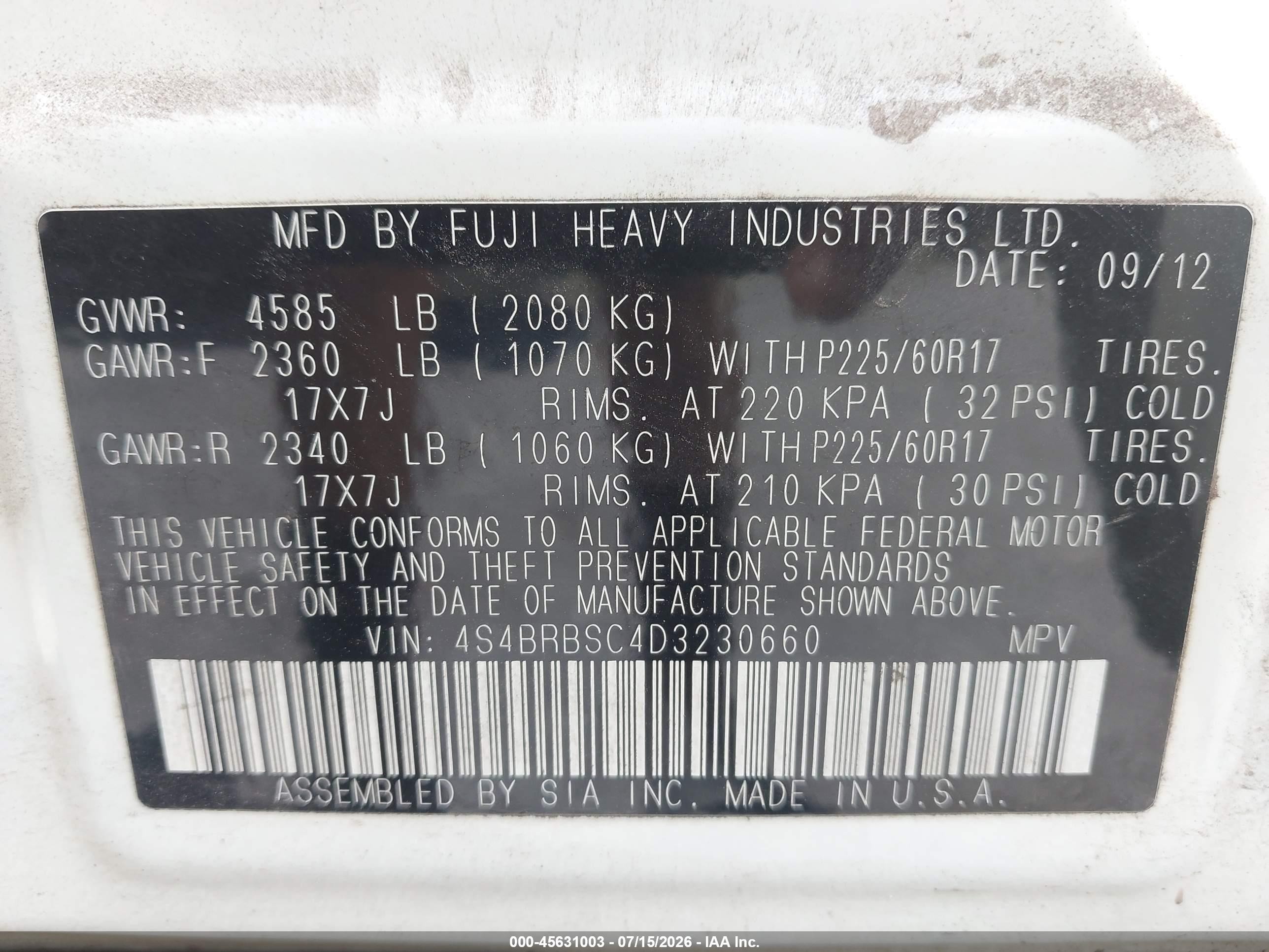 2013 Subaru Outback 2.5i Limited Белый vin: 4S4BRBSC4D3230660