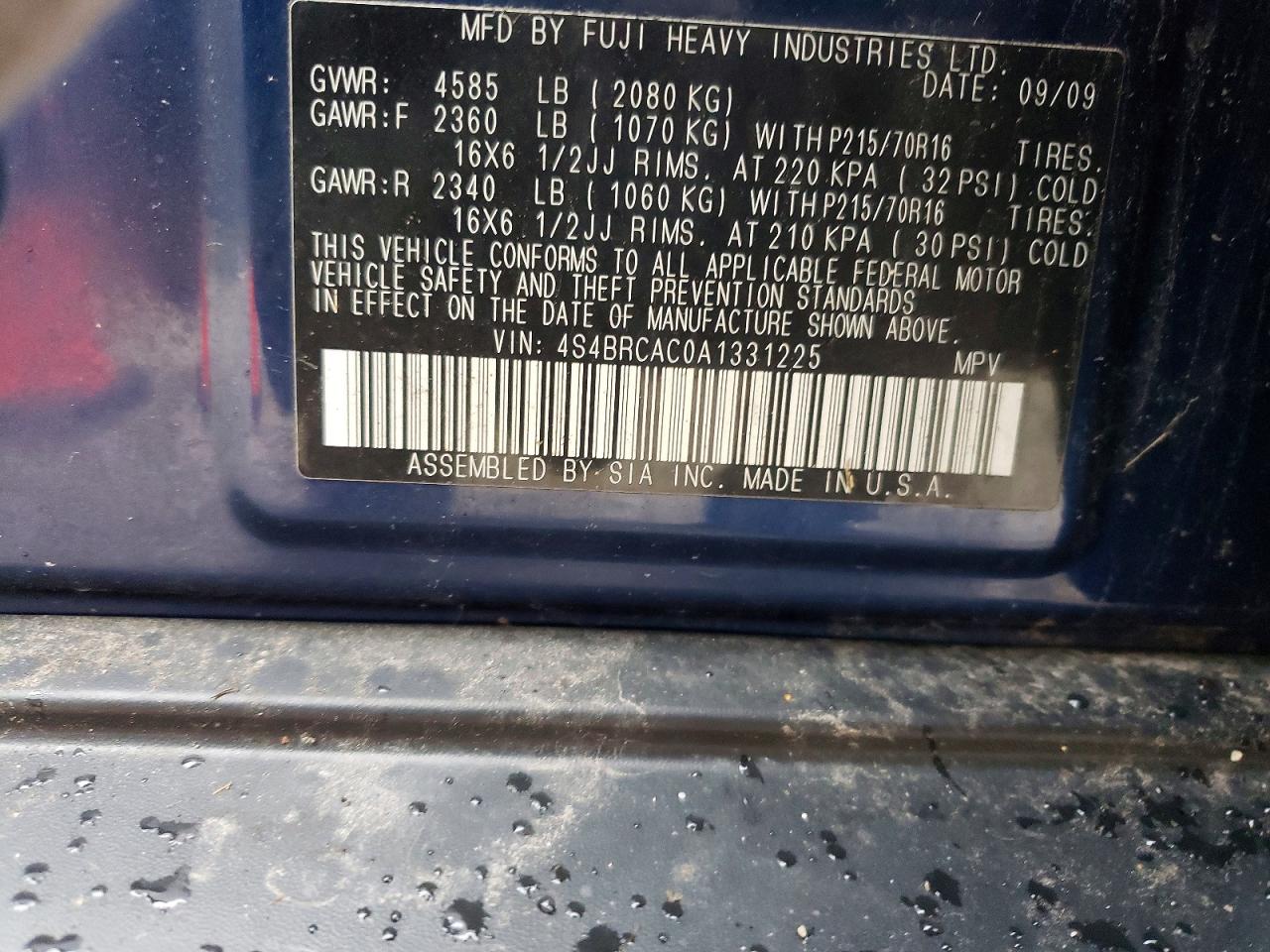 2010 Subaru Outback 2.5i Blue vin: 4S4BRCAC0A1331225