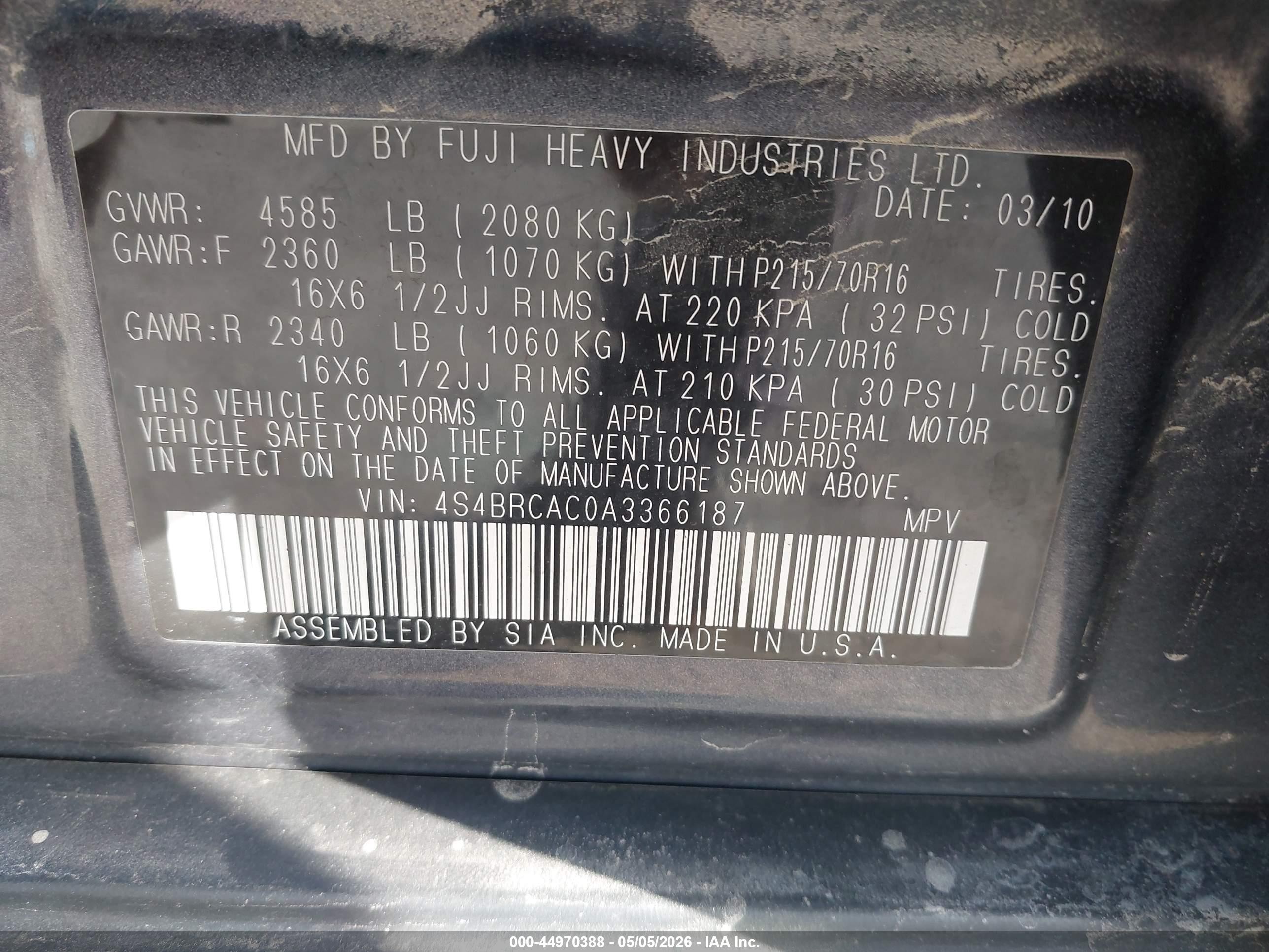 2010 Subaru Outback 2.5i Gray vin: 4S4BRCAC0A3366187
