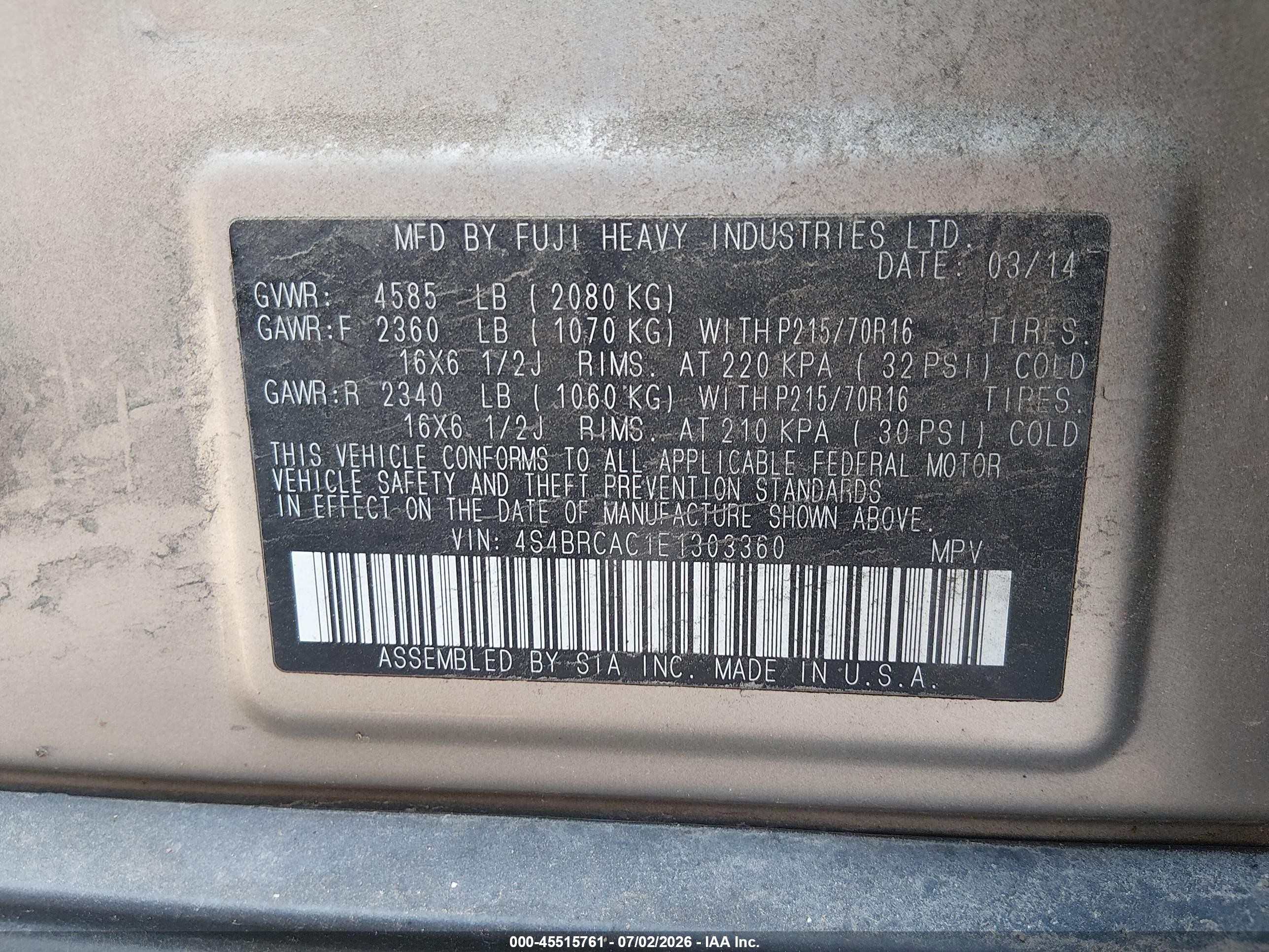 2014 Subaru Outback 2.5i Gray vin: 4S4BRCAC1E1303360