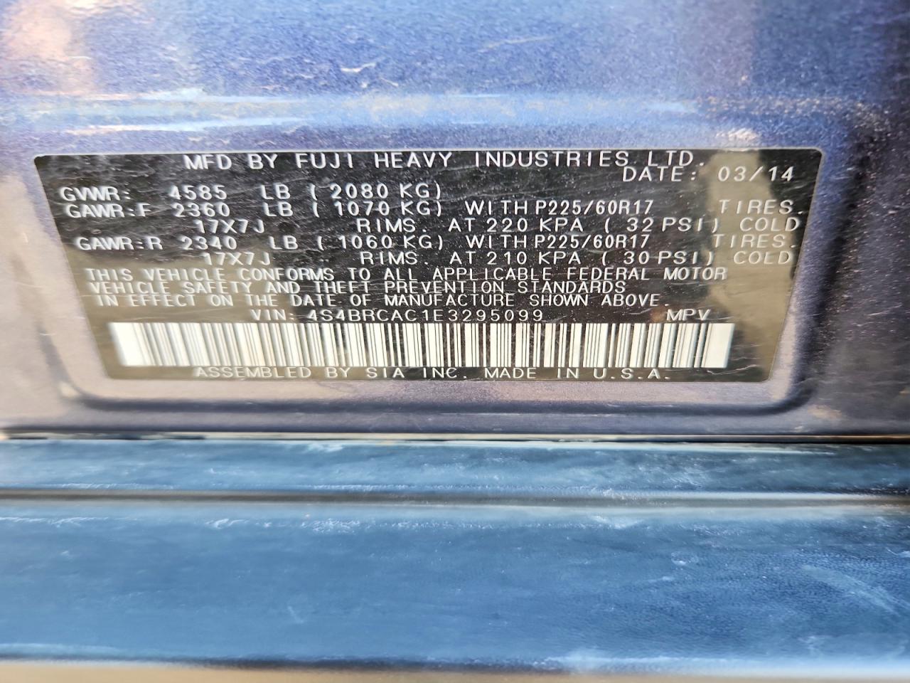 2014 Subaru Outback 2.5i Blue vin: 4S4BRCAC1E3295099