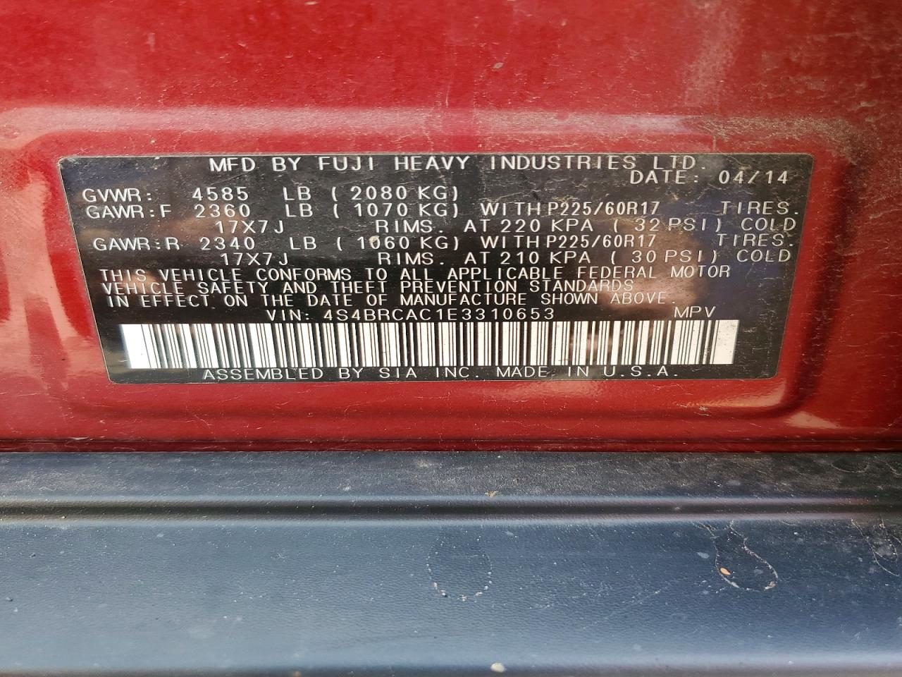 2014 Subaru Outback 2.5i Burgundy vin: 4S4BRCAC1E3310653