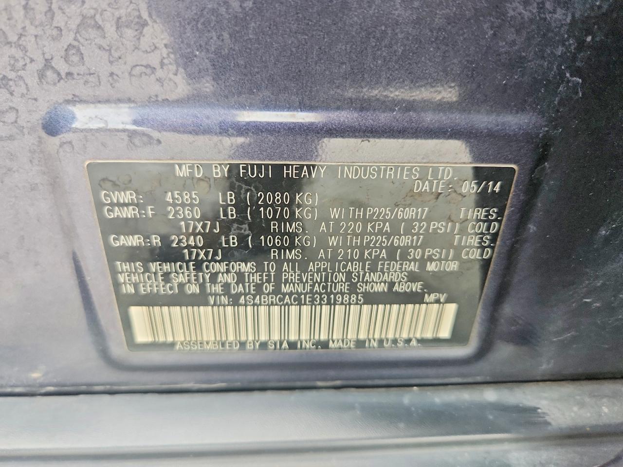 2014 Subaru Outback 2.5i Gray vin: 4S4BRCAC1E3319885