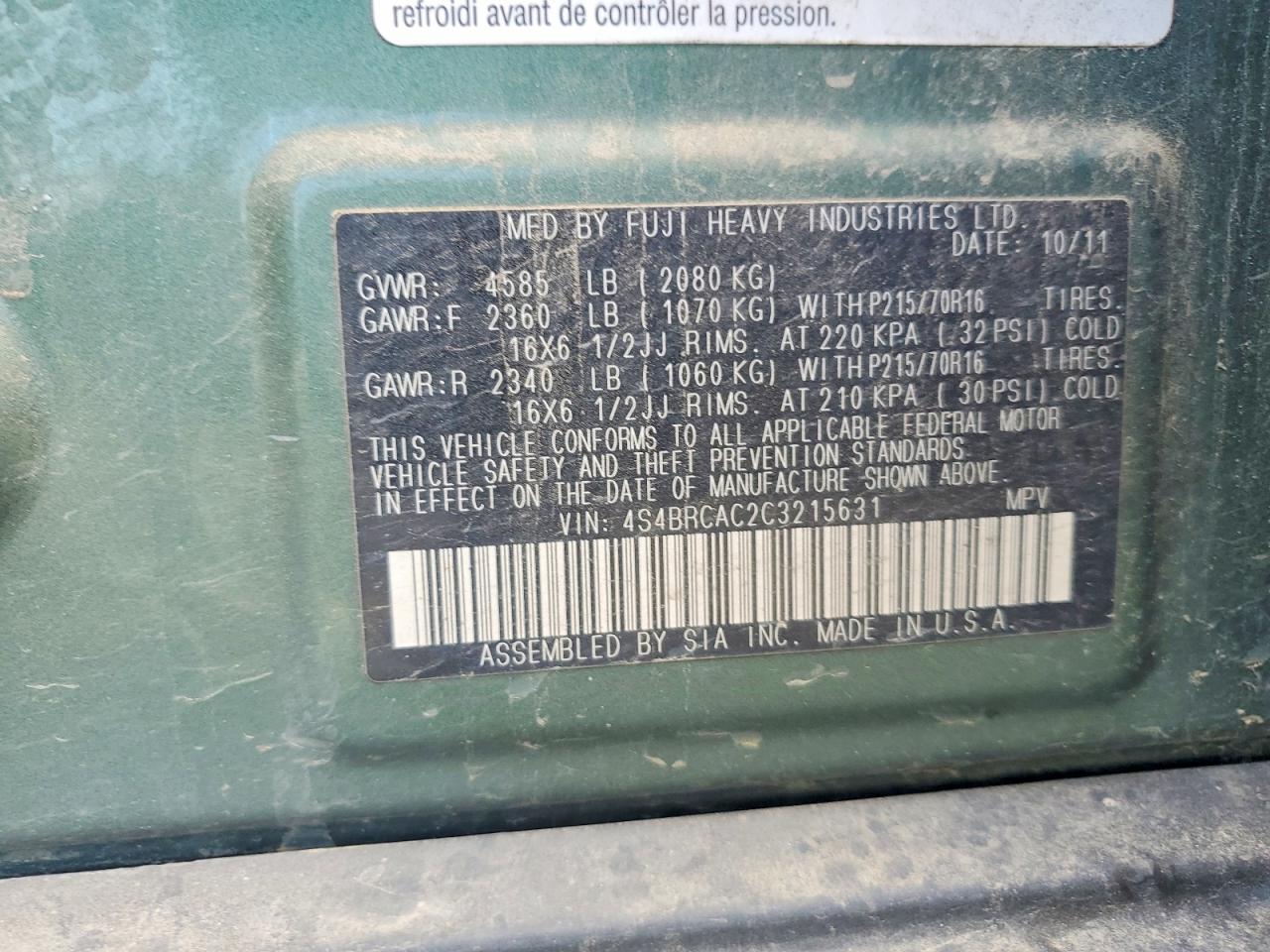 2012 Subaru Outback 2.5i Green vin: 4S4BRCAC2C3215631