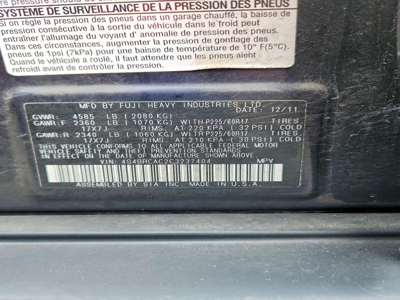 2012 Subaru Outback 2.5i Blue vin: 4S4BRCAC2C3237404