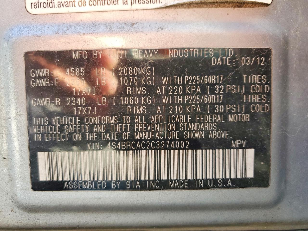2012 Subaru Outback 2.5i Silver vin: 4S4BRCAC2C3274002
