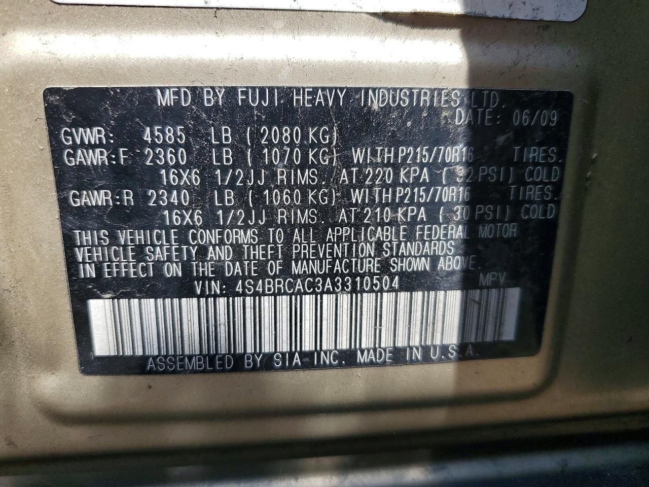2010 Subaru Outback 2.5i Tan vin: 4S4BRCAC3A3310504