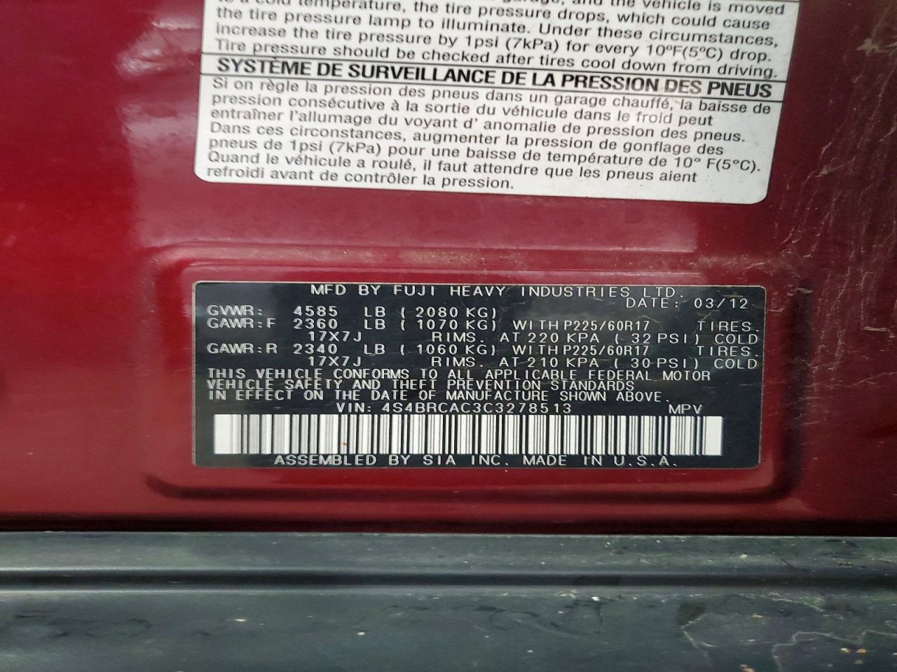 2012 Subaru Outback 2.5i Red vin: 4S4BRCAC3C3278513