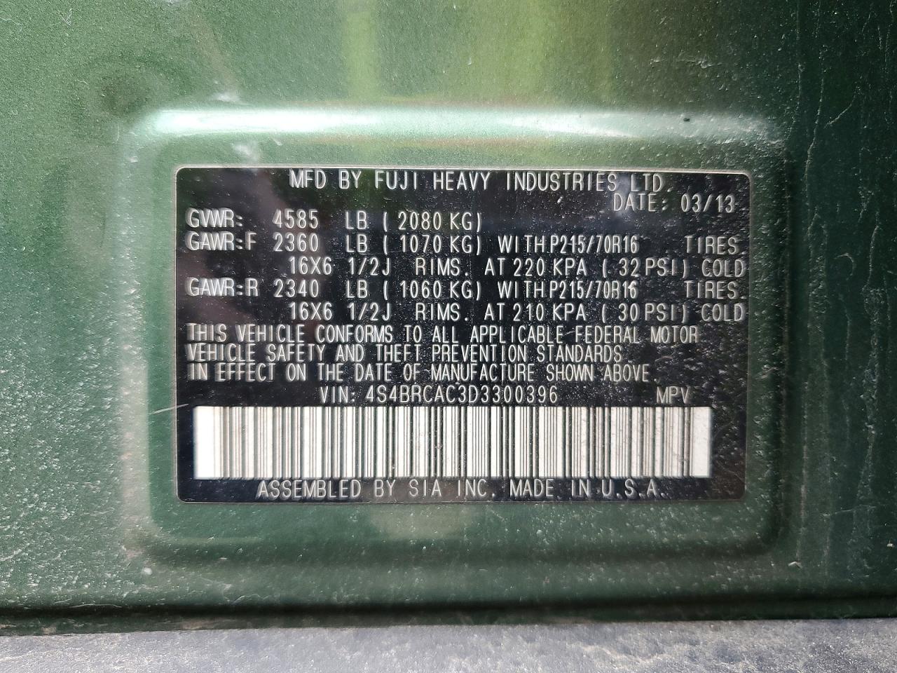 2013 Subaru Outback 2.5i Green vin: 4S4BRCAC3D3300396