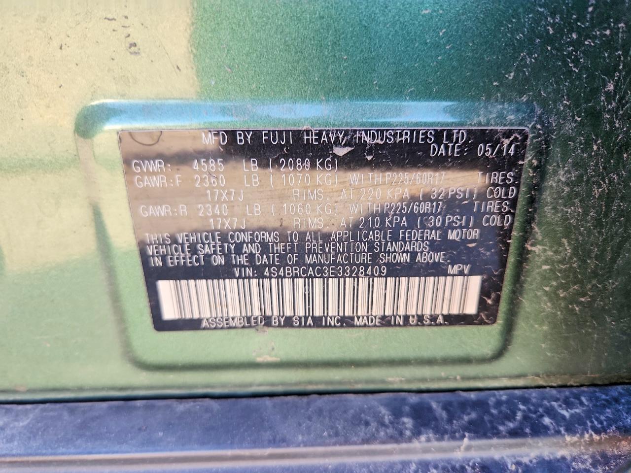 2014 Subaru Outback 2.5i Green vin: 4S4BRCAC3E3328409