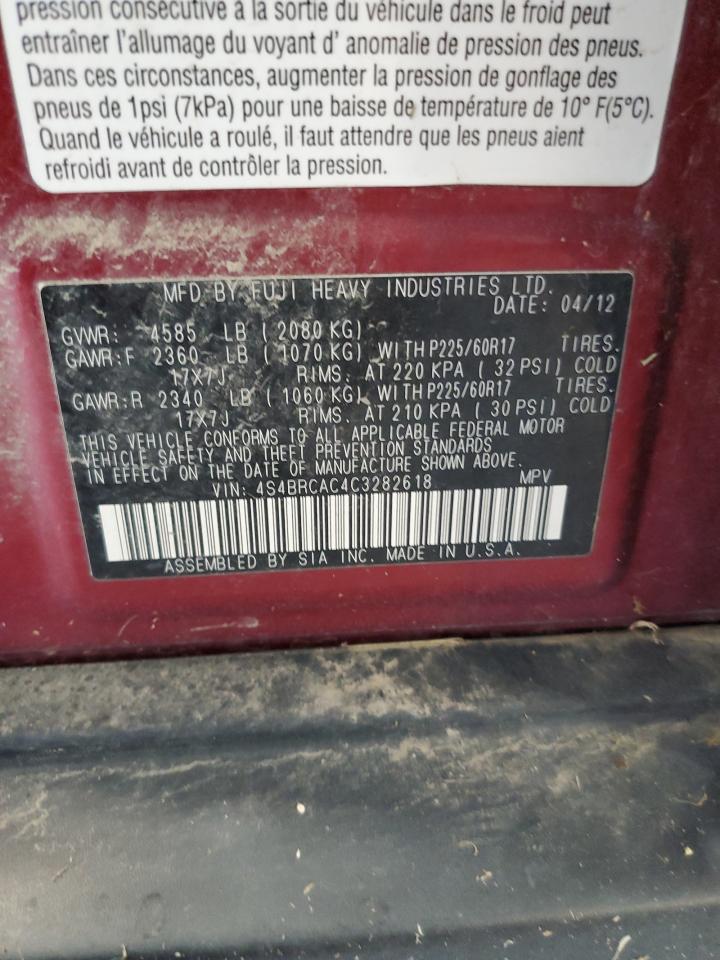 2012 Subaru Outback 2.5i Red vin: 4S4BRCAC4C3282618