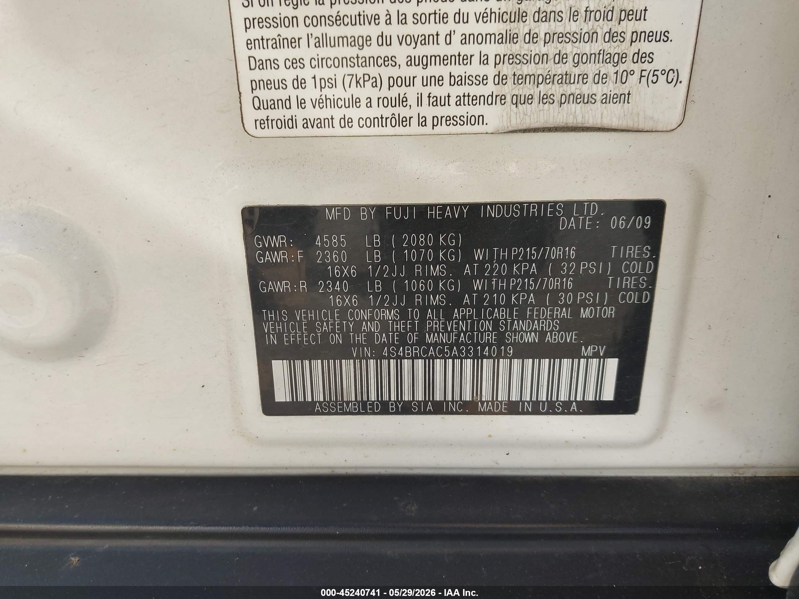2010 Subaru Outback 2.5i White vin: 4S4BRCAC5A3314019