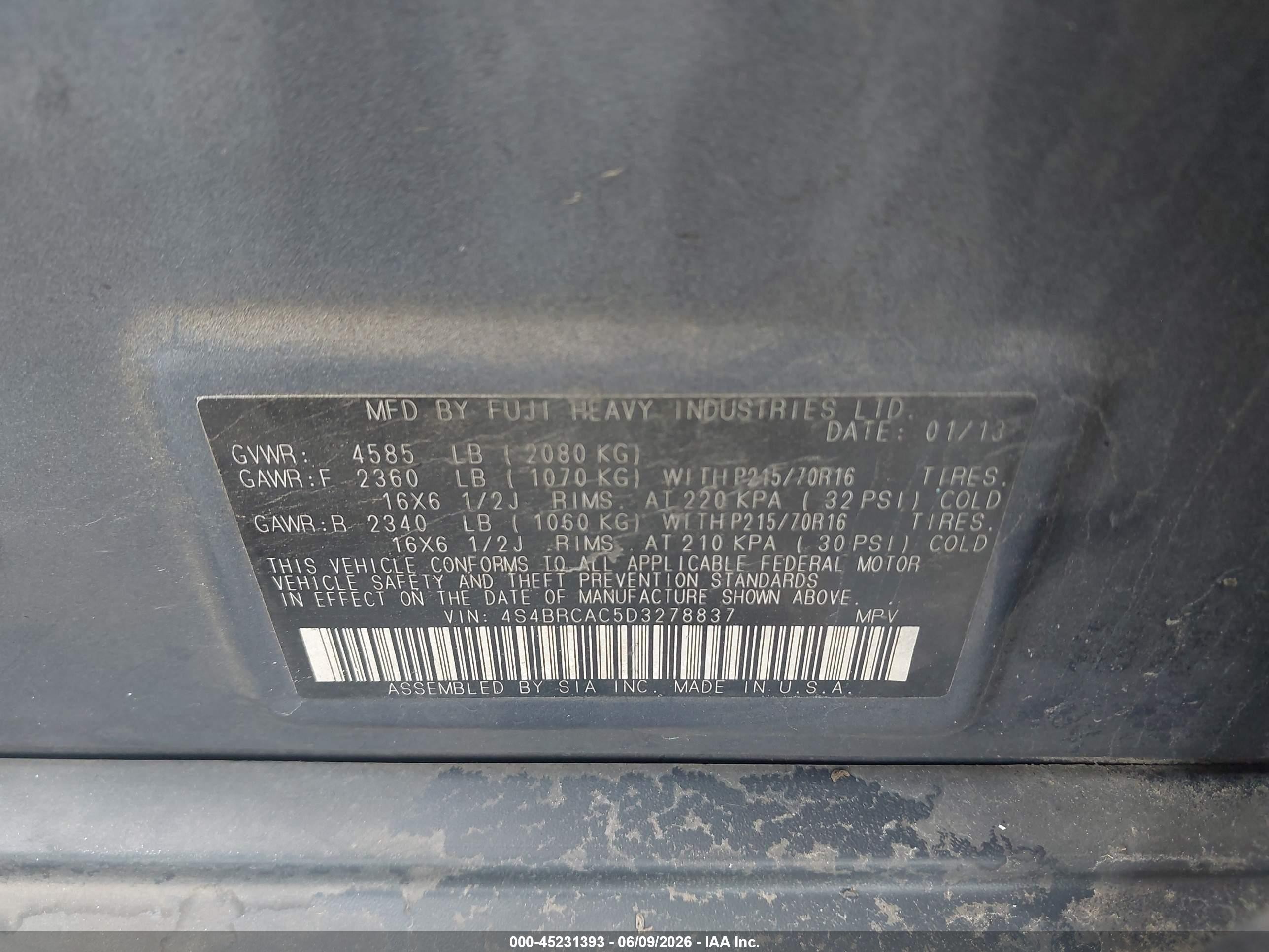 2013 Subaru Outback 2.5i Blue vin: 4S4BRCAC5D3278837