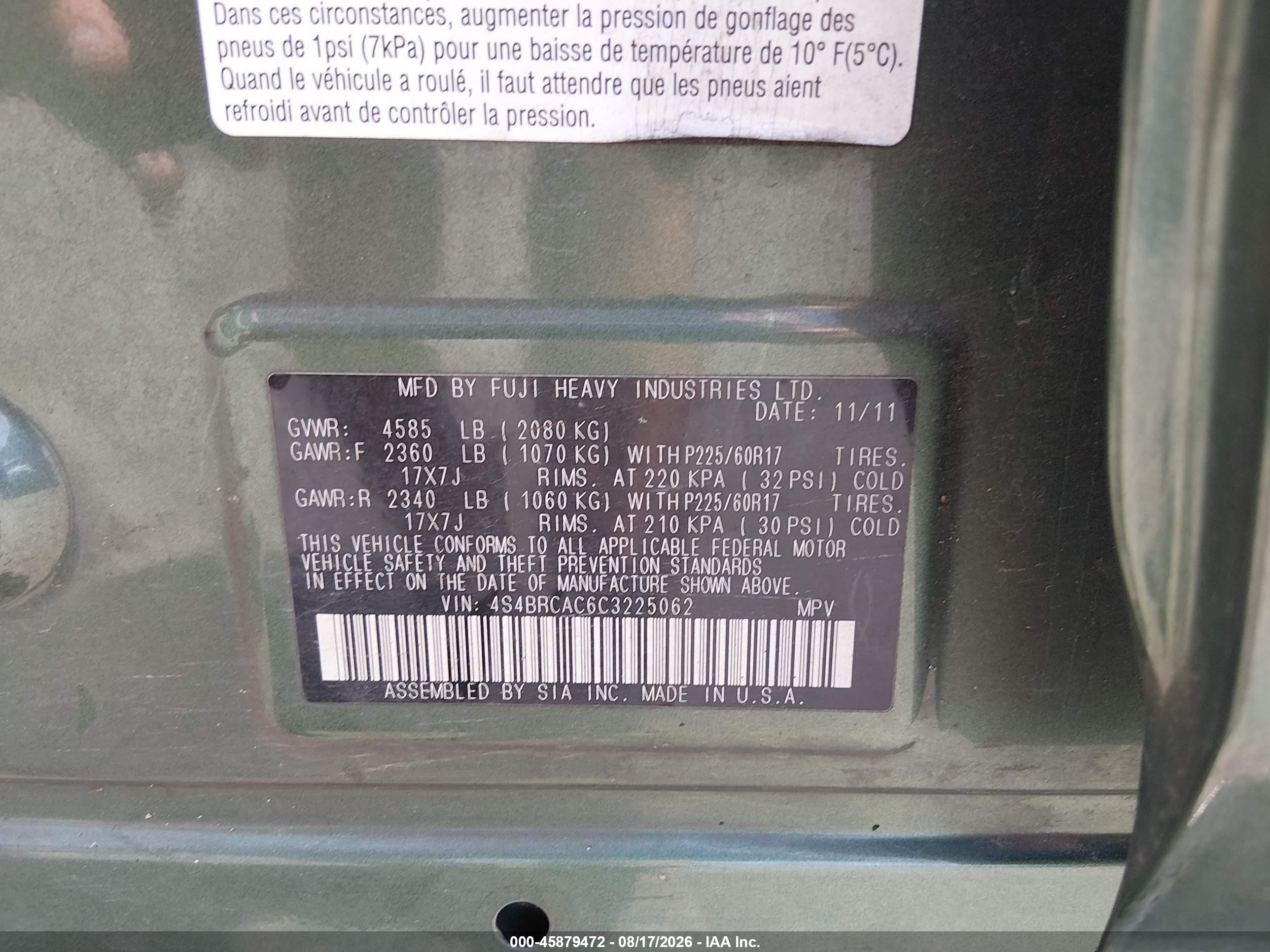 2012 Subaru Outback 2.5i Green vin: 4S4BRCAC6C3225062