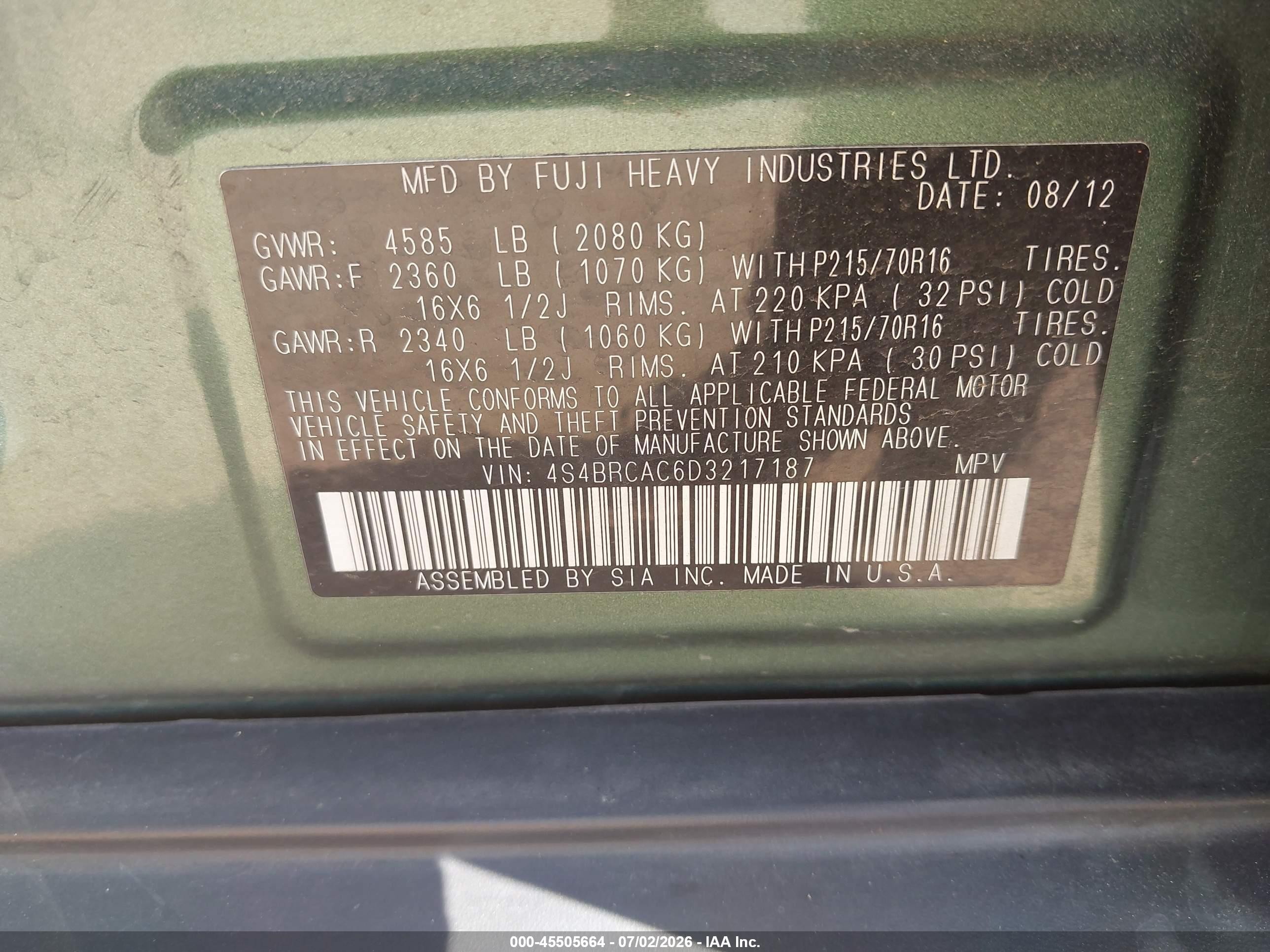 2013 Subaru Outback 2.5i Green vin: 4S4BRCAC6D3217187