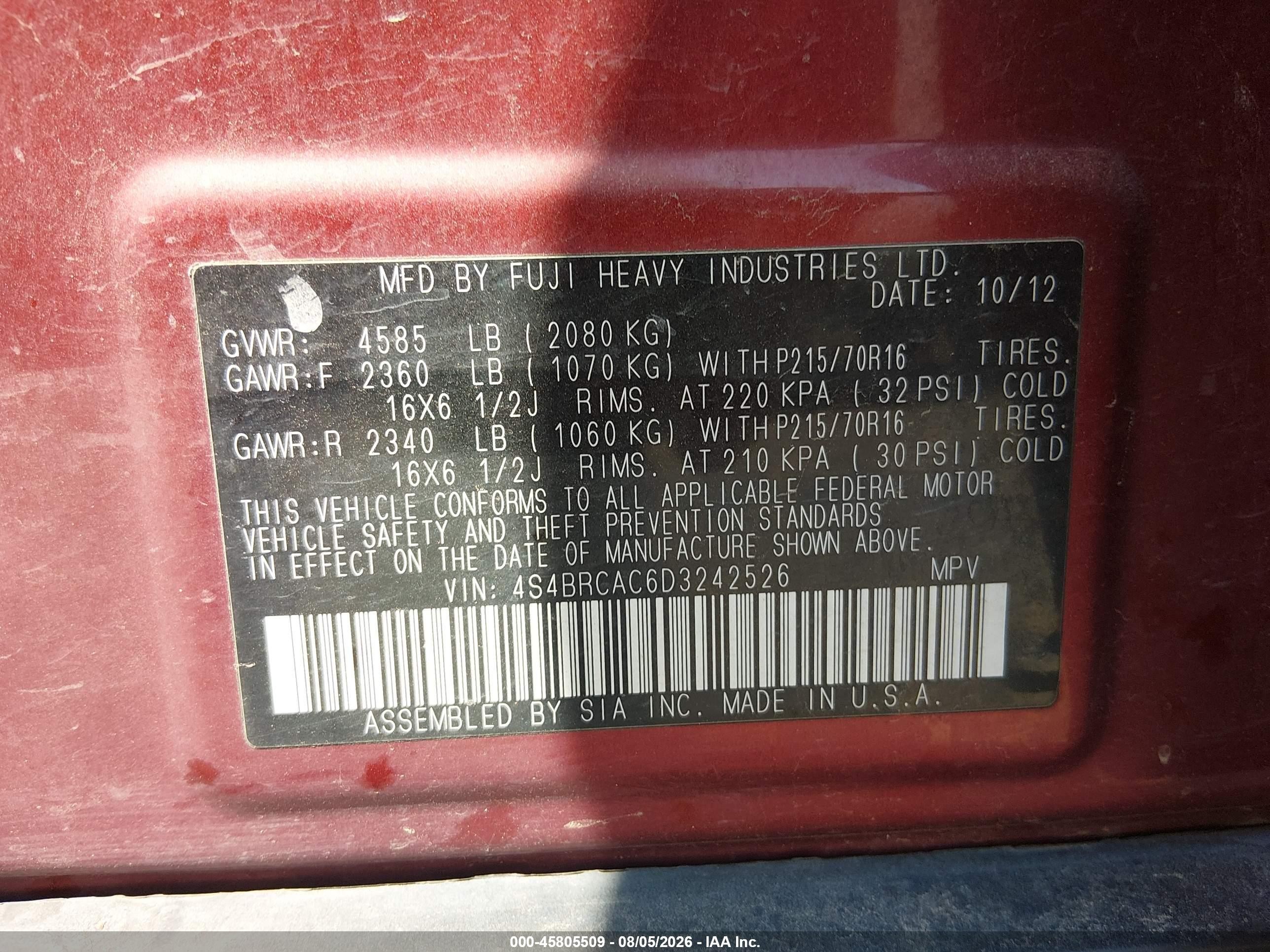 2013 Subaru Outback 2.5i Red vin: 4S4BRCAC6D3242526