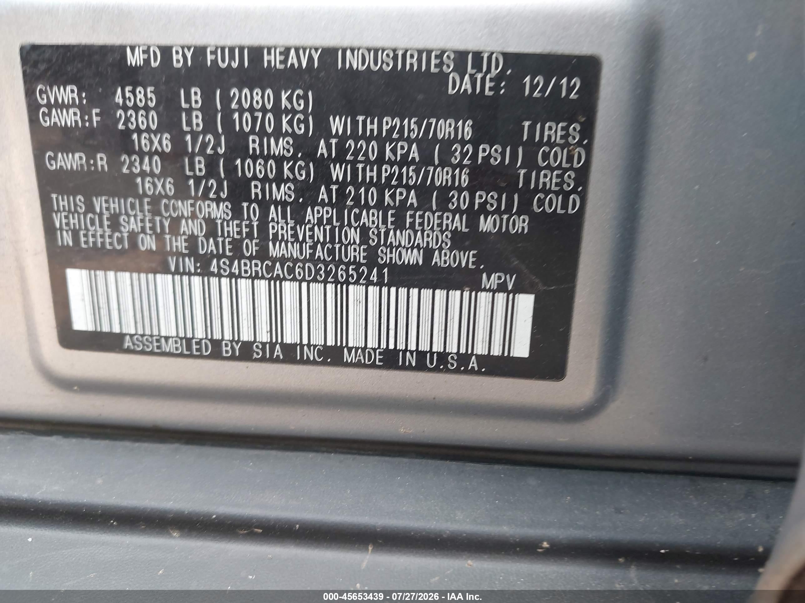 2013 Subaru Outback 2.5i Gray vin: 4S4BRCAC6D3265241