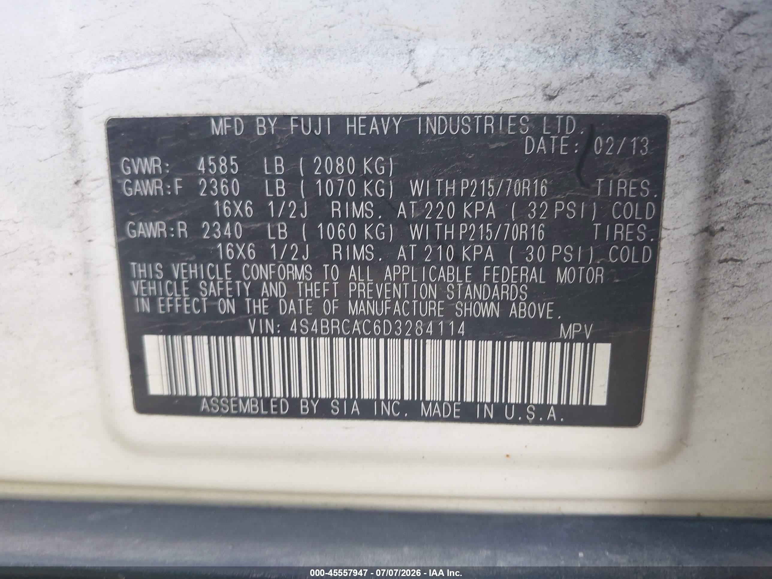 2013 Subaru Outback 2.5i White vin: 4S4BRCAC6D3284114