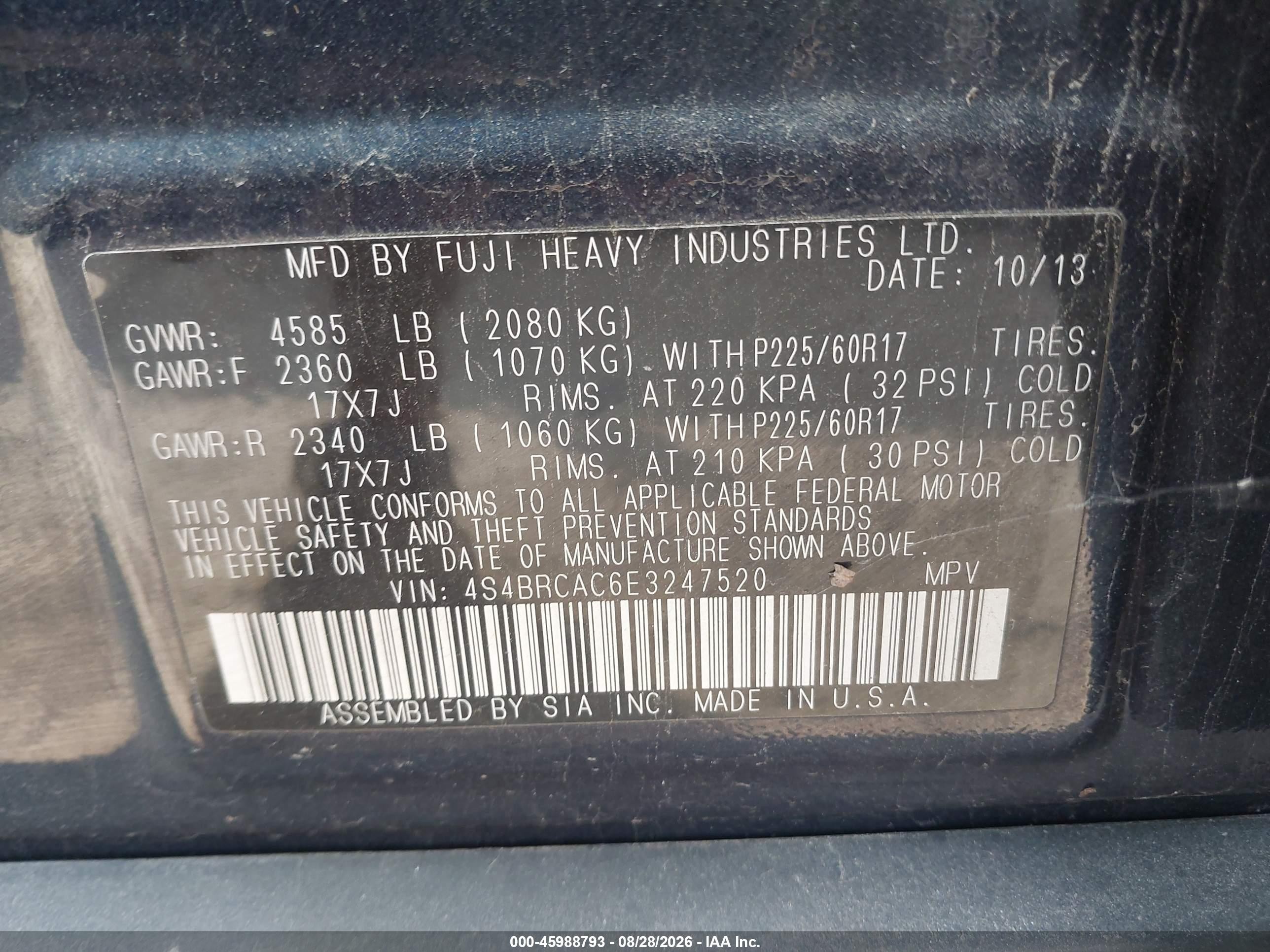 2014 Subaru Outback 2.5i Black vin: 4S4BRCAC6E3247520