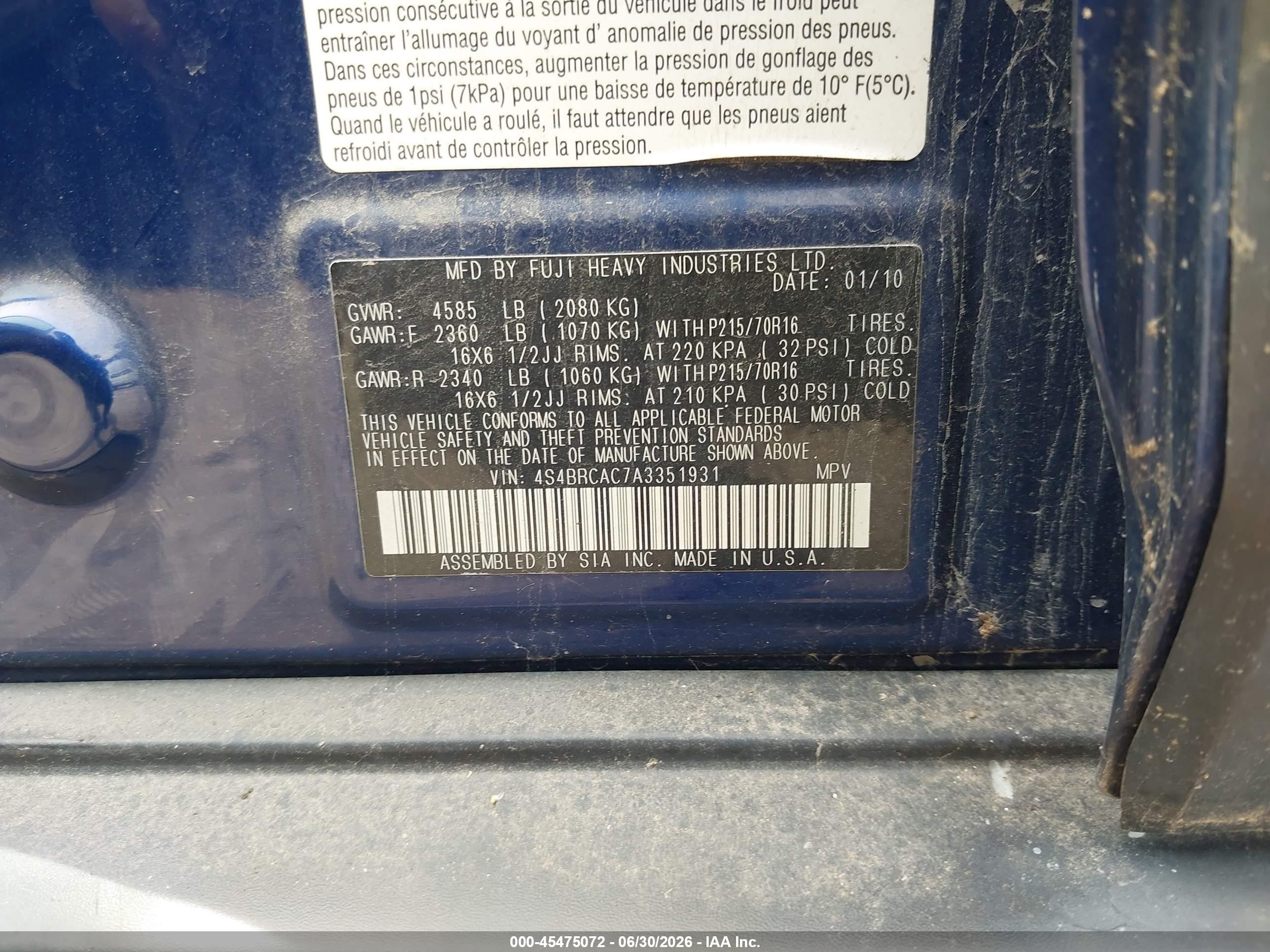 2010 Subaru Outback 2.5i Blue vin: 4S4BRCAC7A3351931