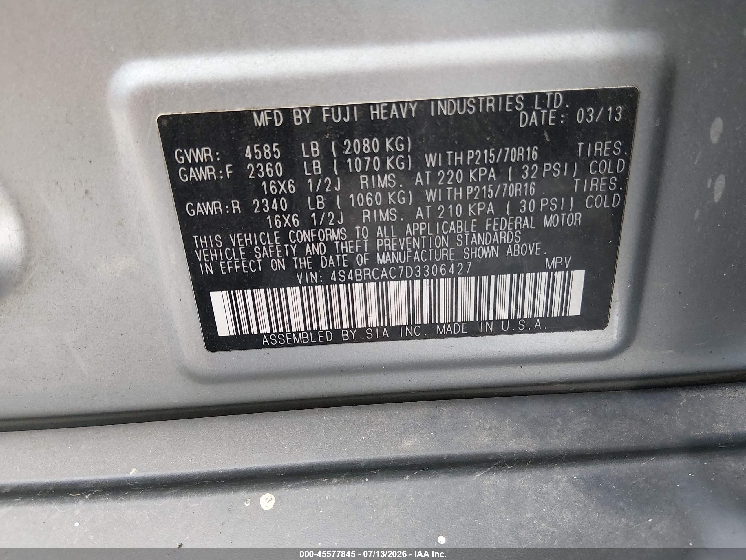 2013 Subaru Outback 2.5i Silver vin: 4S4BRCAC7D3306427