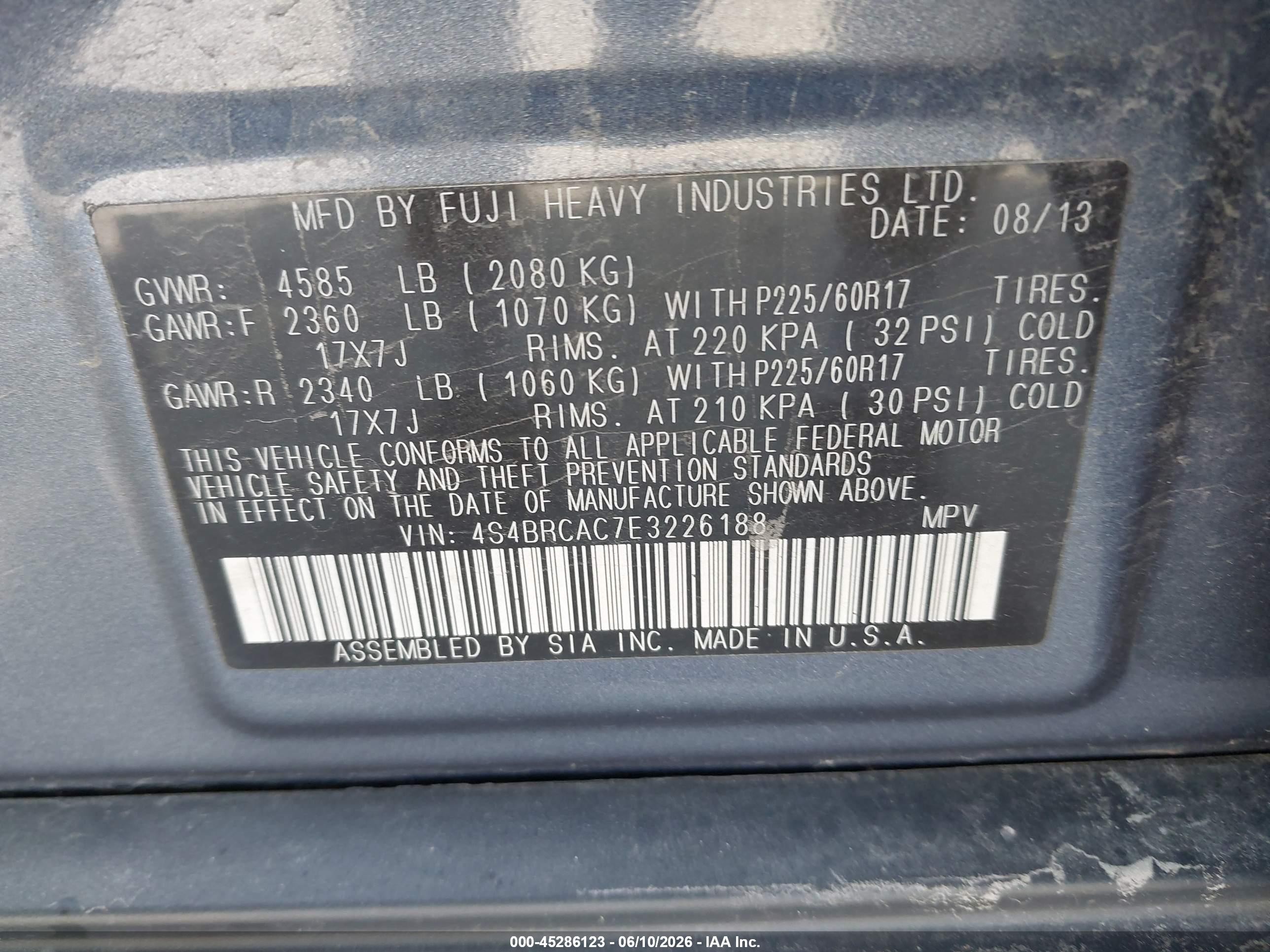 2014 Subaru Outback 2.5i Blue vin: 4S4BRCAC7E3226188
